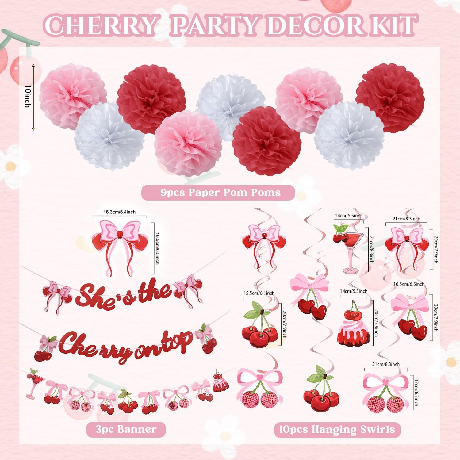 Cherry Birthday Decorations 9 Pom Poms 10 Swirls