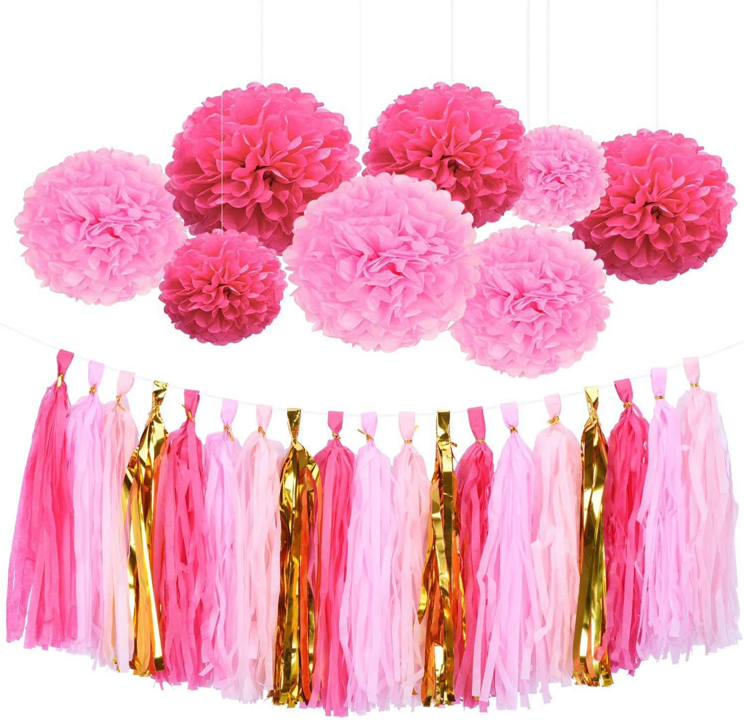 28 Ct Hot Pink Gold Tissue Hanging Decorations Set