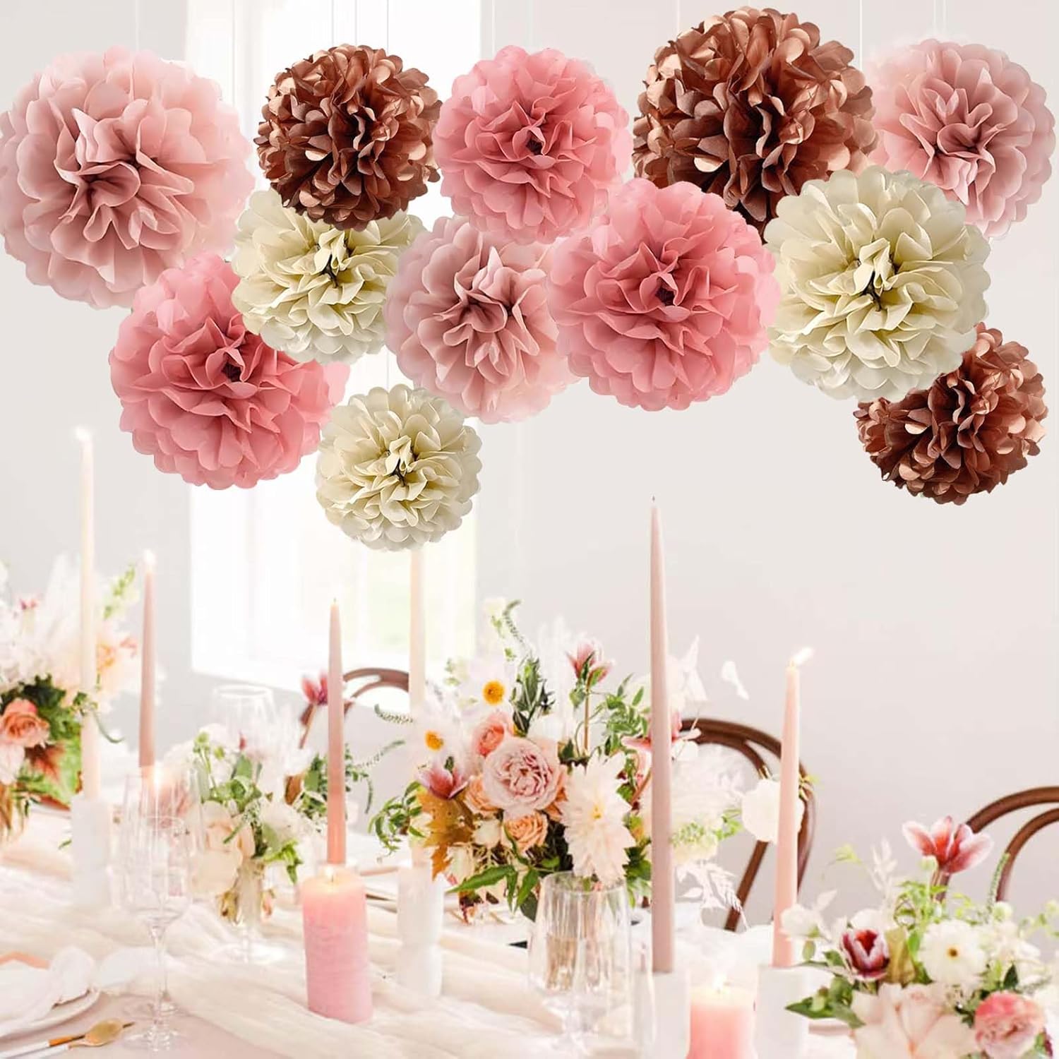 Rose Gold Blush Pink Tissue Paper Pom Poms 12Pcs