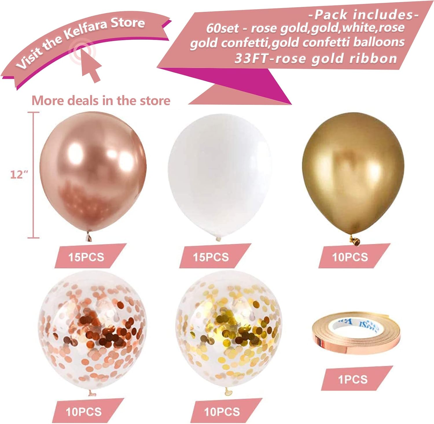 Rose Gold Confetti Latex Balloons 60PCS for Parties