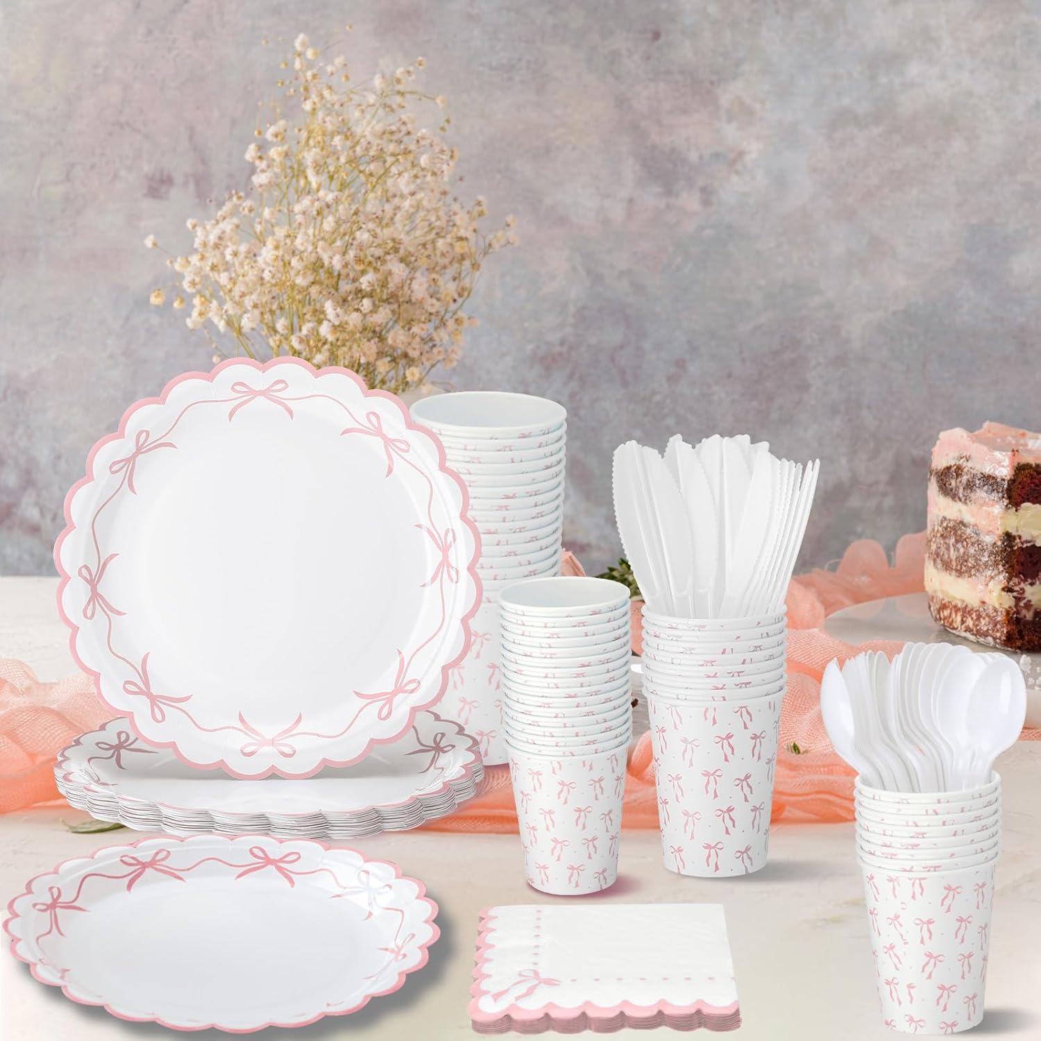 Sieral 144 Pcs Pink Bow Party Supplies Set