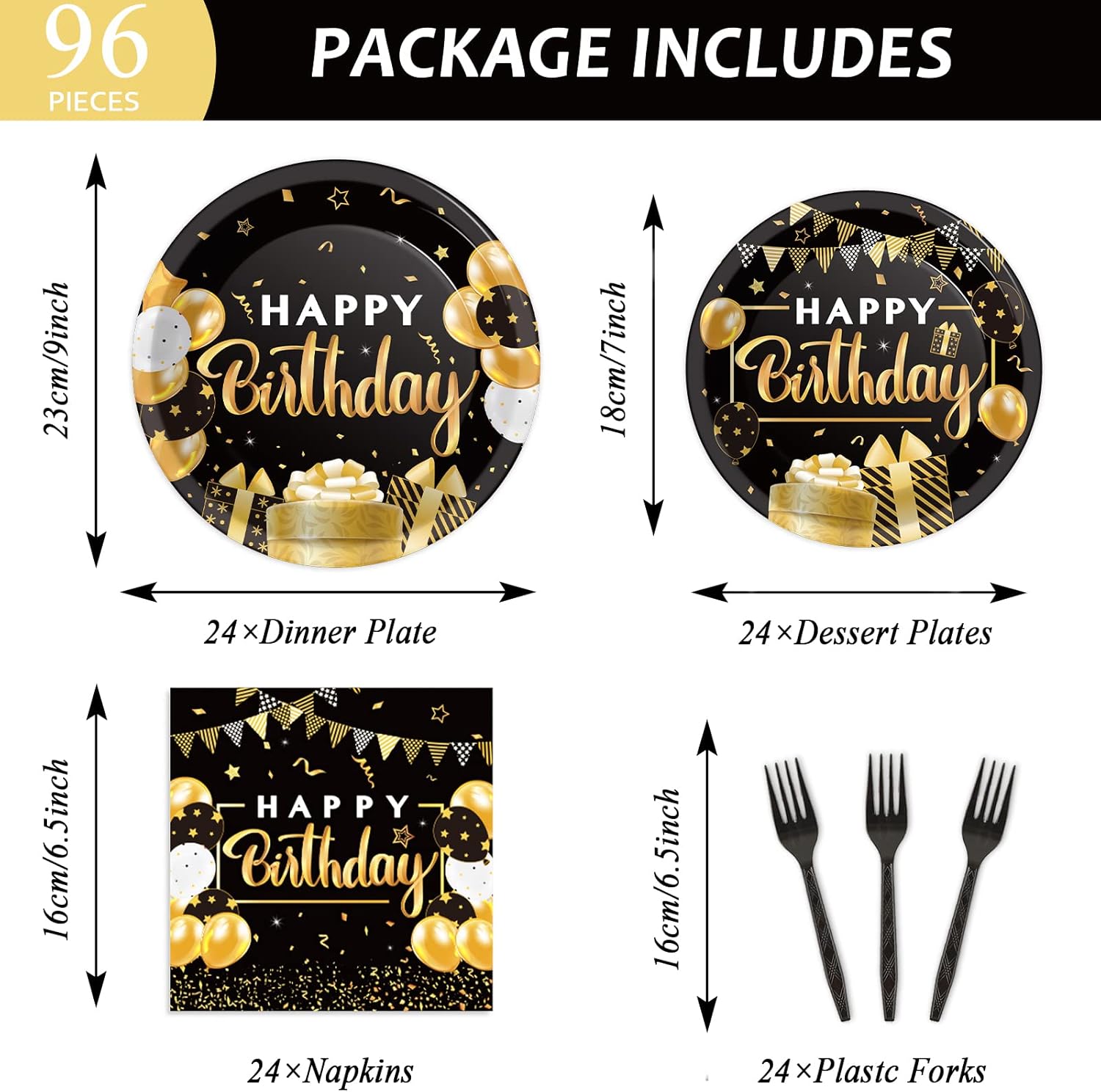 96 Pcs Black Gold Birthday Party Tableware Set for 24 Guests