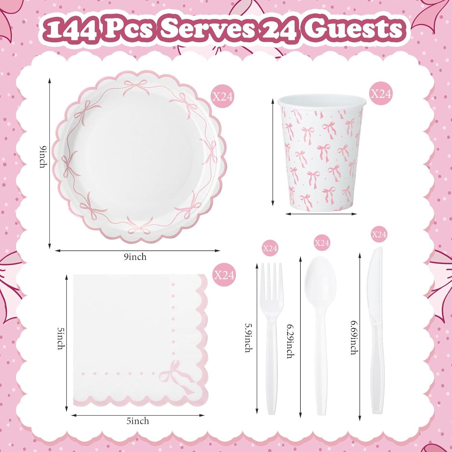 Sieral 144 Pcs Pink Bow Party Supplies Set