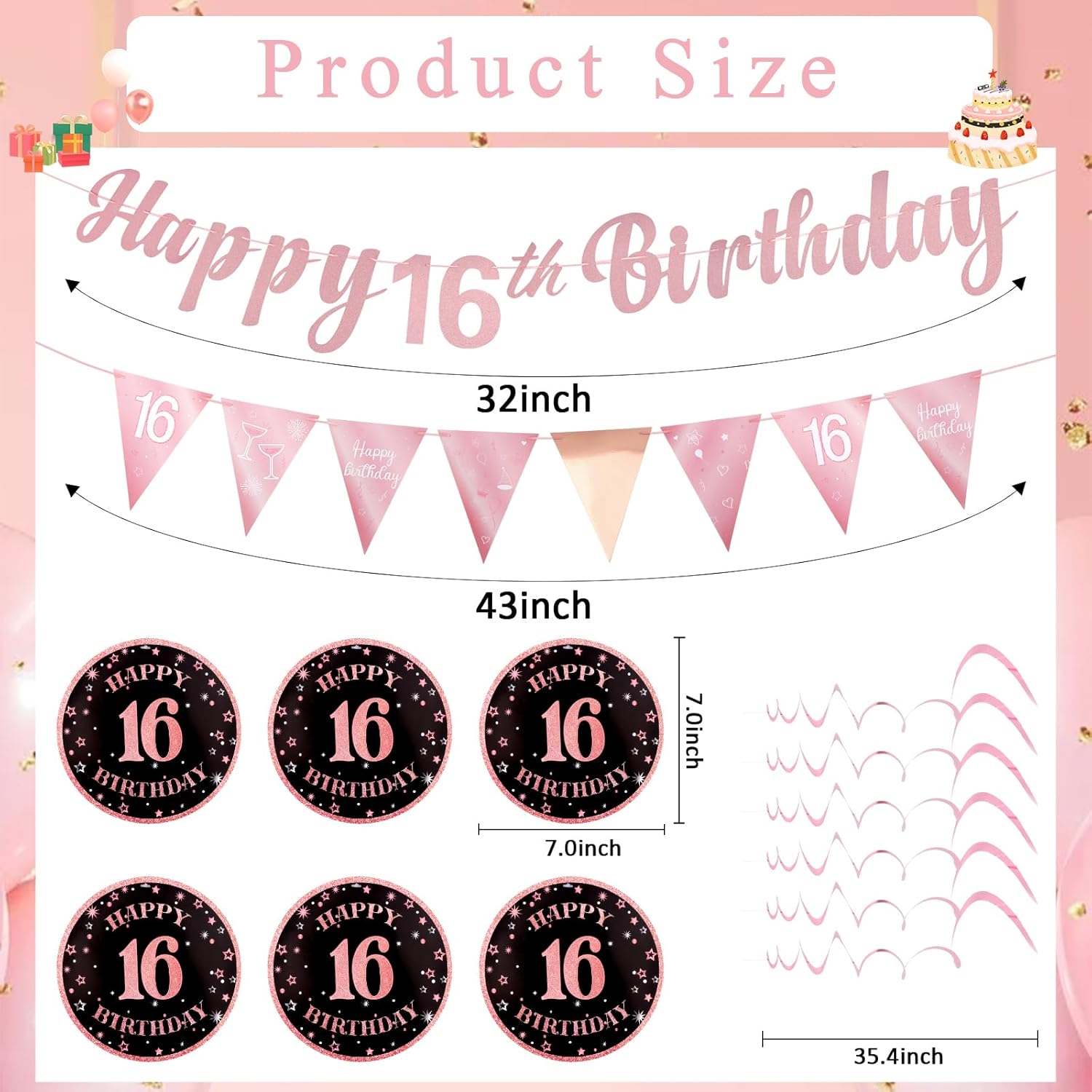 16th Birthday Decorations Set for Girls - Rose Gold
