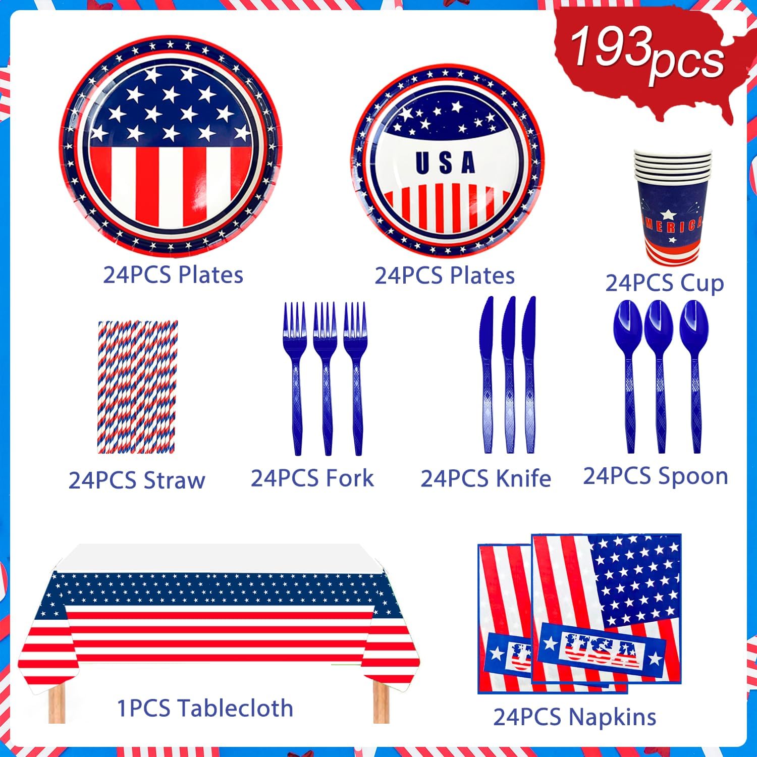 4th of July Patriotic Party Supplies Set 193 pcs