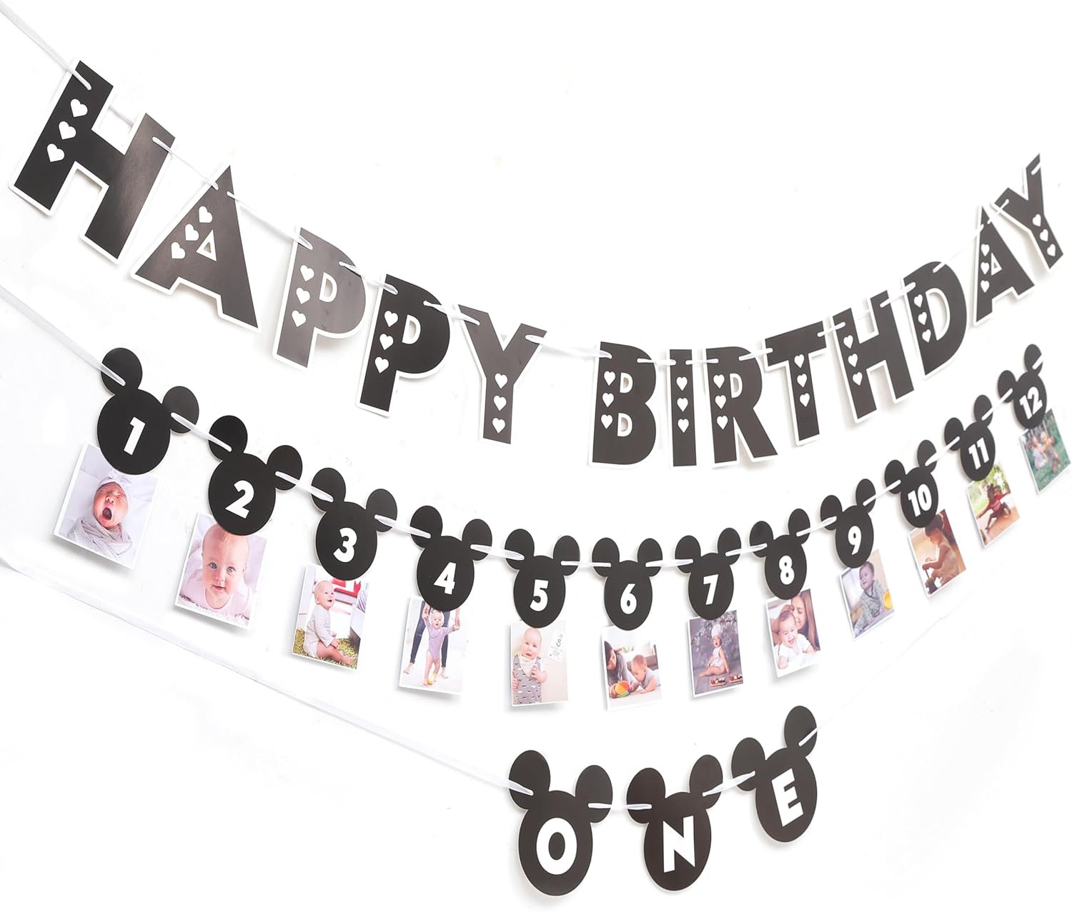 HIKLO Black and White Mouse 1st Birthday Banner Set