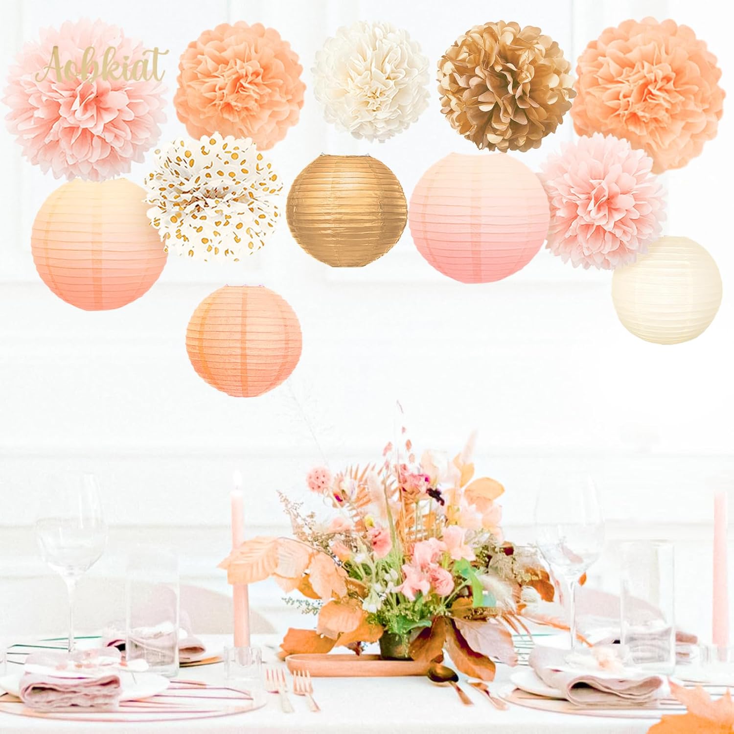 AOBKIAT 12PCS Pink Gold Peach Tissue Paper Pom Poms and Lanterns