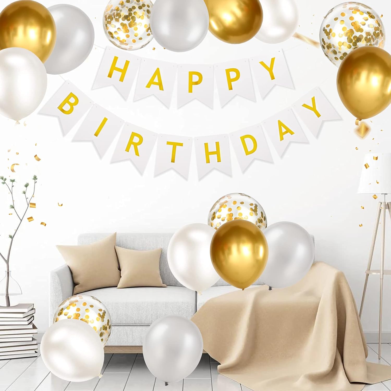 Happy Birthday Banner Bunting Set White Gold Balloons Confetti Decorations