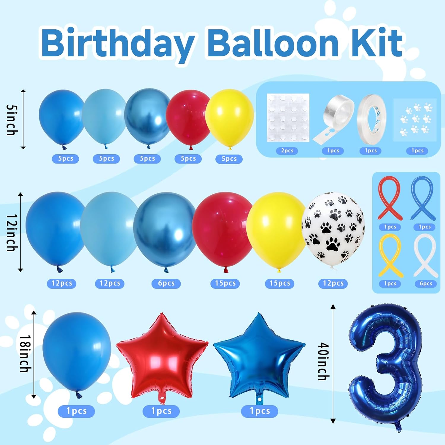 Dog Paw 3rd Birthday Balloon Arch Kit 40 Inch