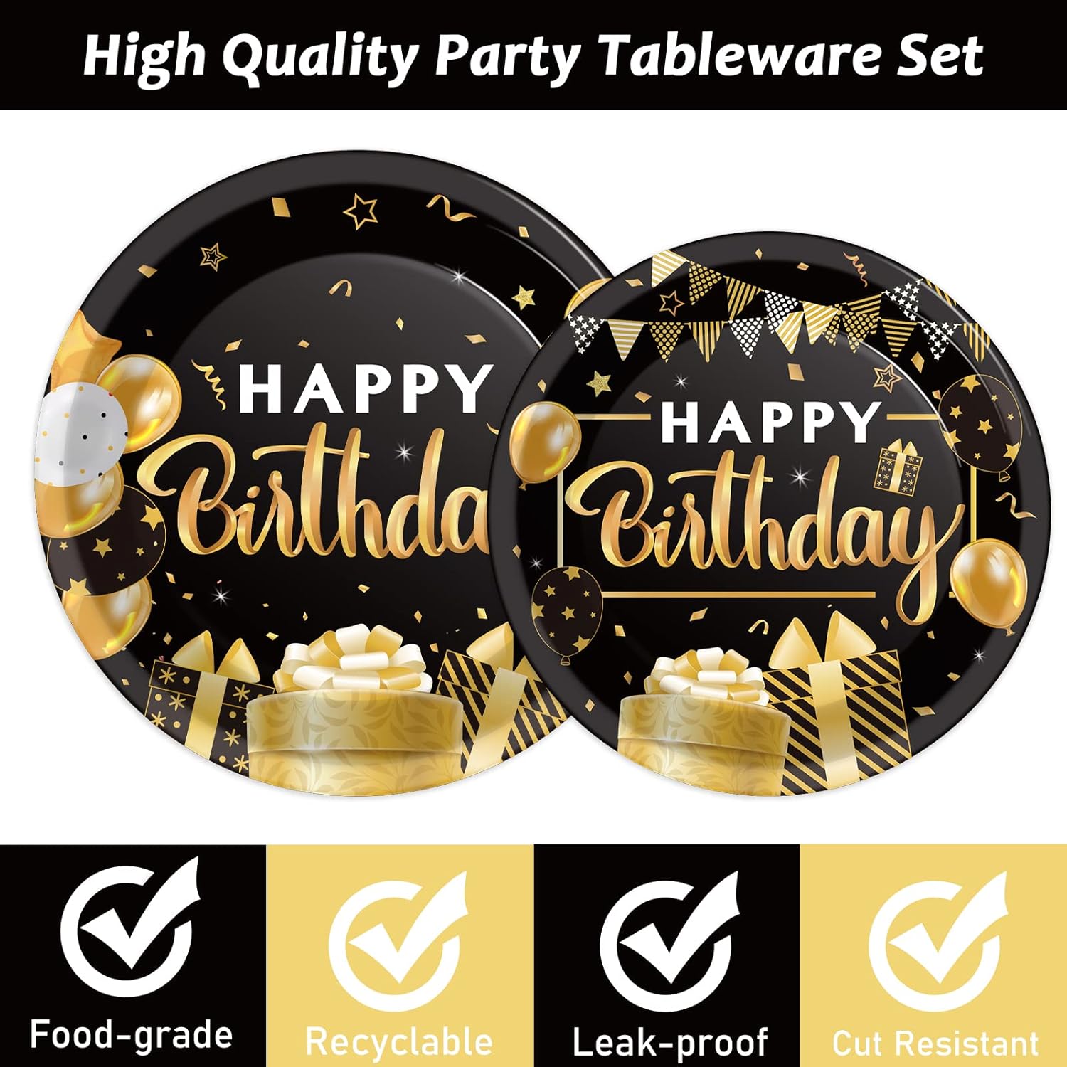 96 Pcs Black Gold Birthday Party Tableware Set for 24 Guests
