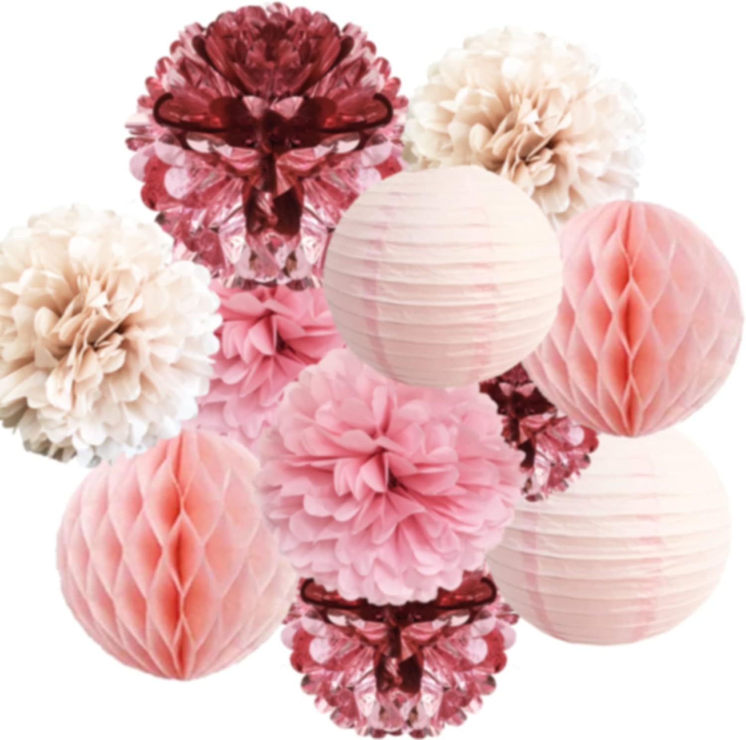 Blush Chrome Hanging Decorations - 12inch Pom Poms and Paper Lanterns