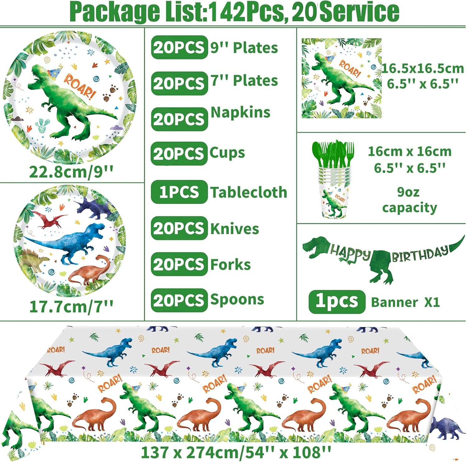 142 Pcs Dinosaur Themed Party Supplies Set