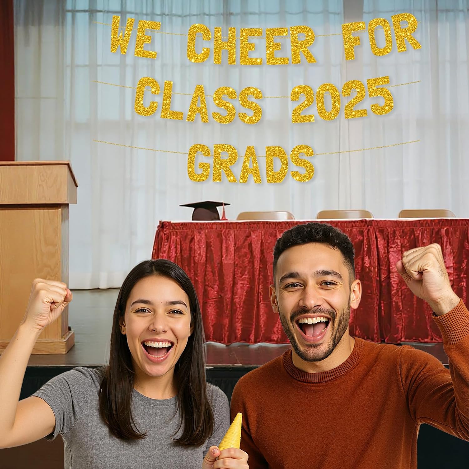 Meowoo 2025 Graduation Decorations Banner with Gold Glitter Letters