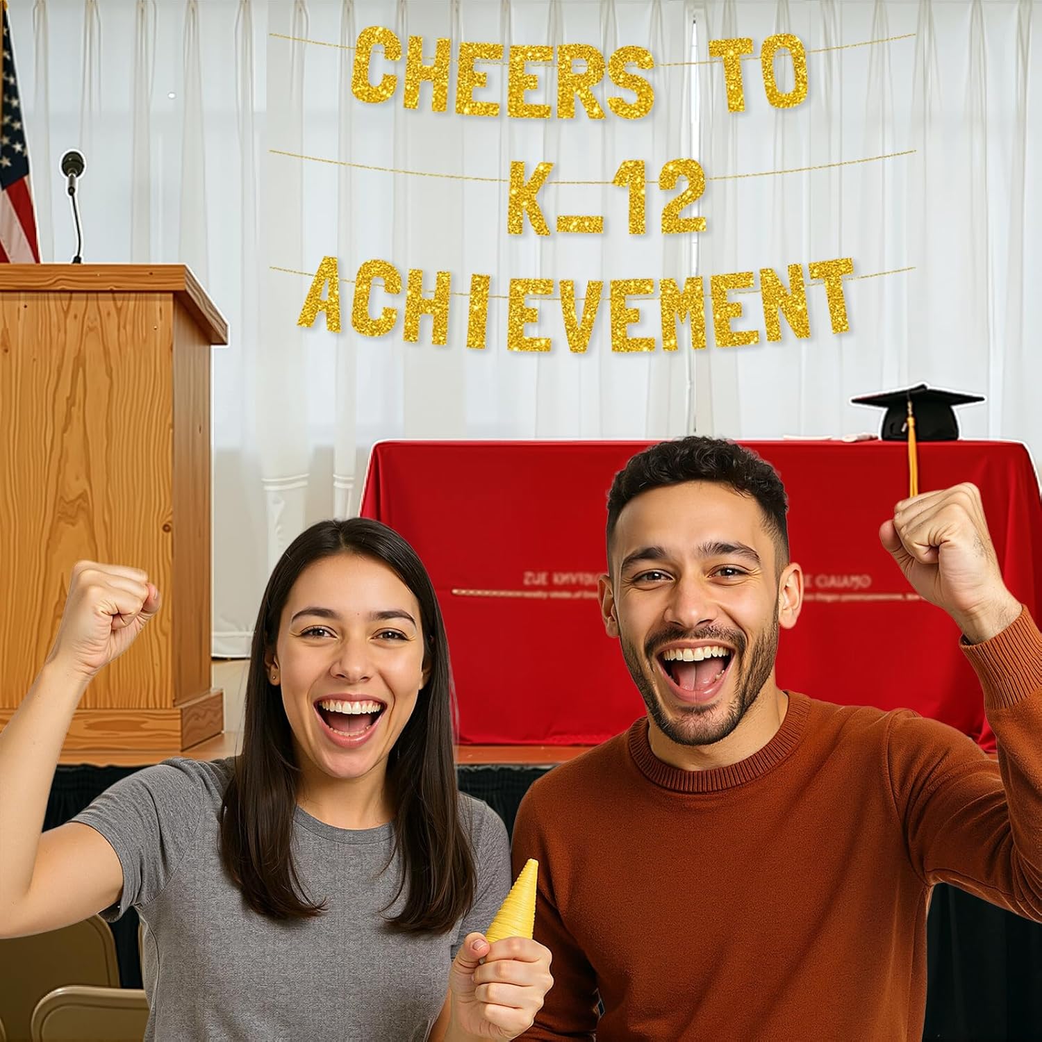 Meowoo Graduation Banner with Sparkling Gold Glitter