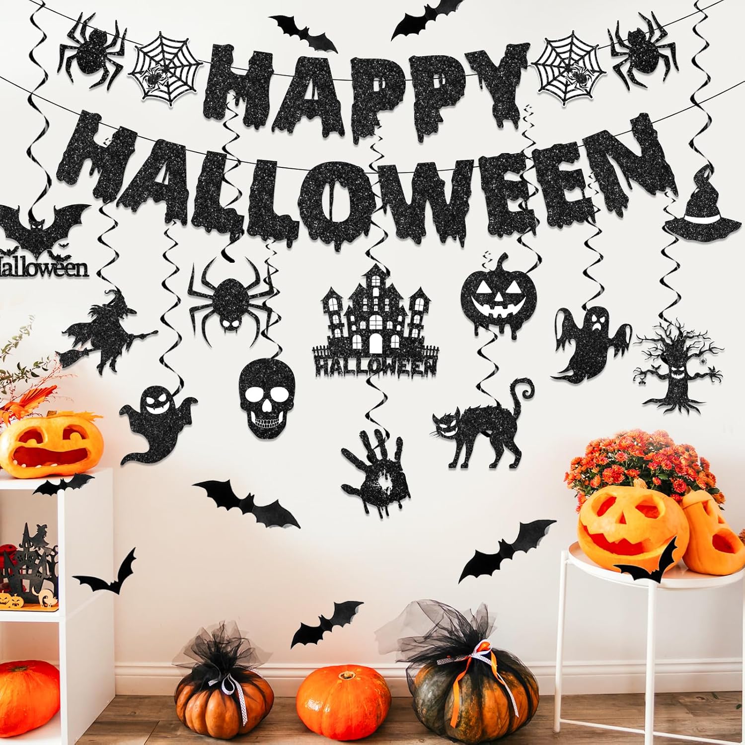Halloween Hanging Decorations Set with Glitter Banners and Spooky Cutouts