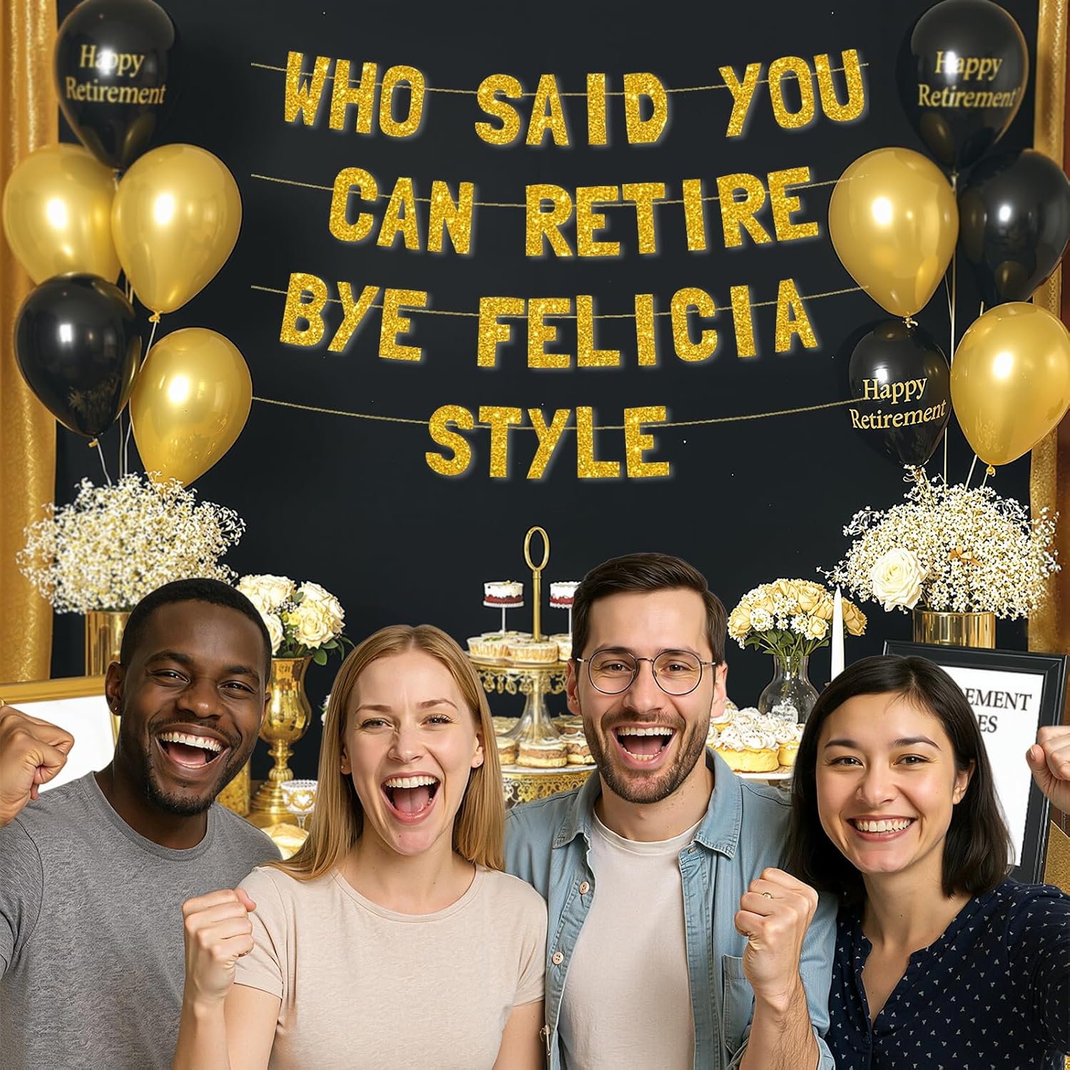 Meowoo Retirement Decor Banner with Gold Glitter