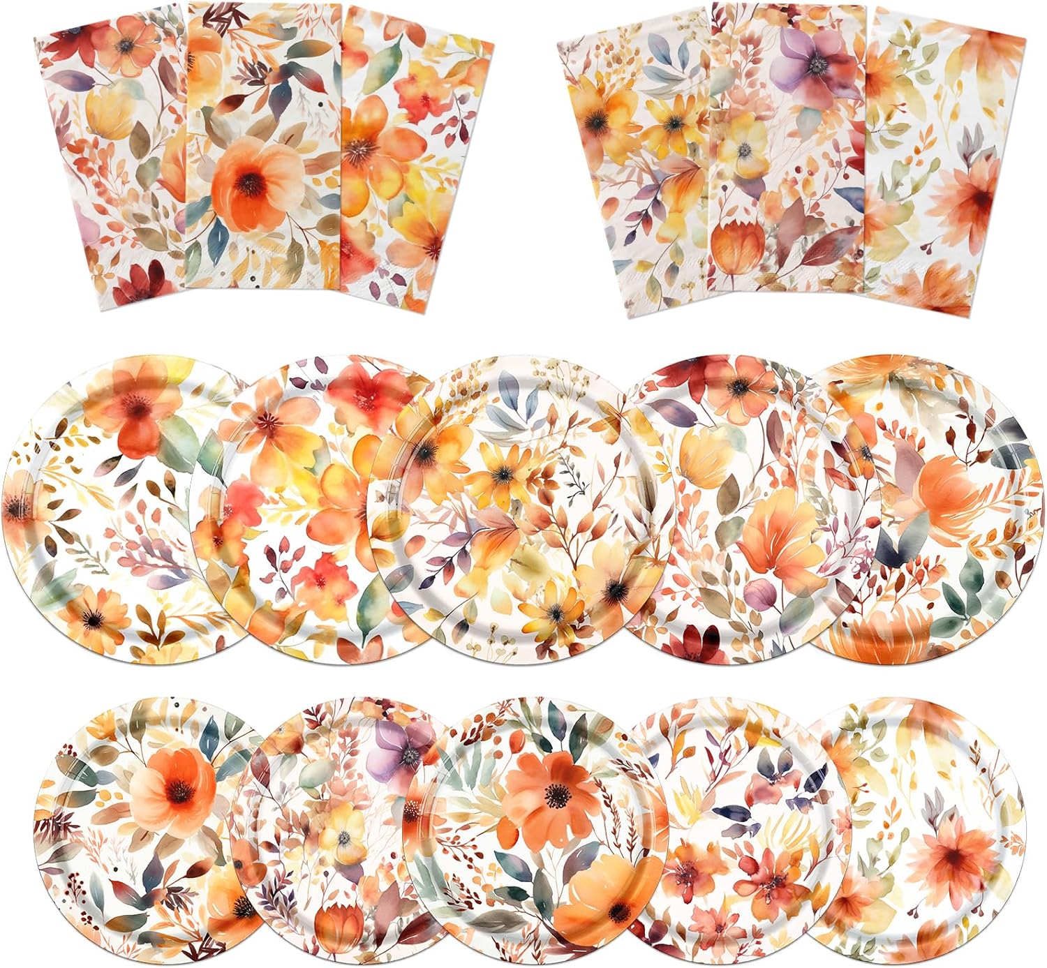 Fall Floral Plates and Napkins Set 60Pcs