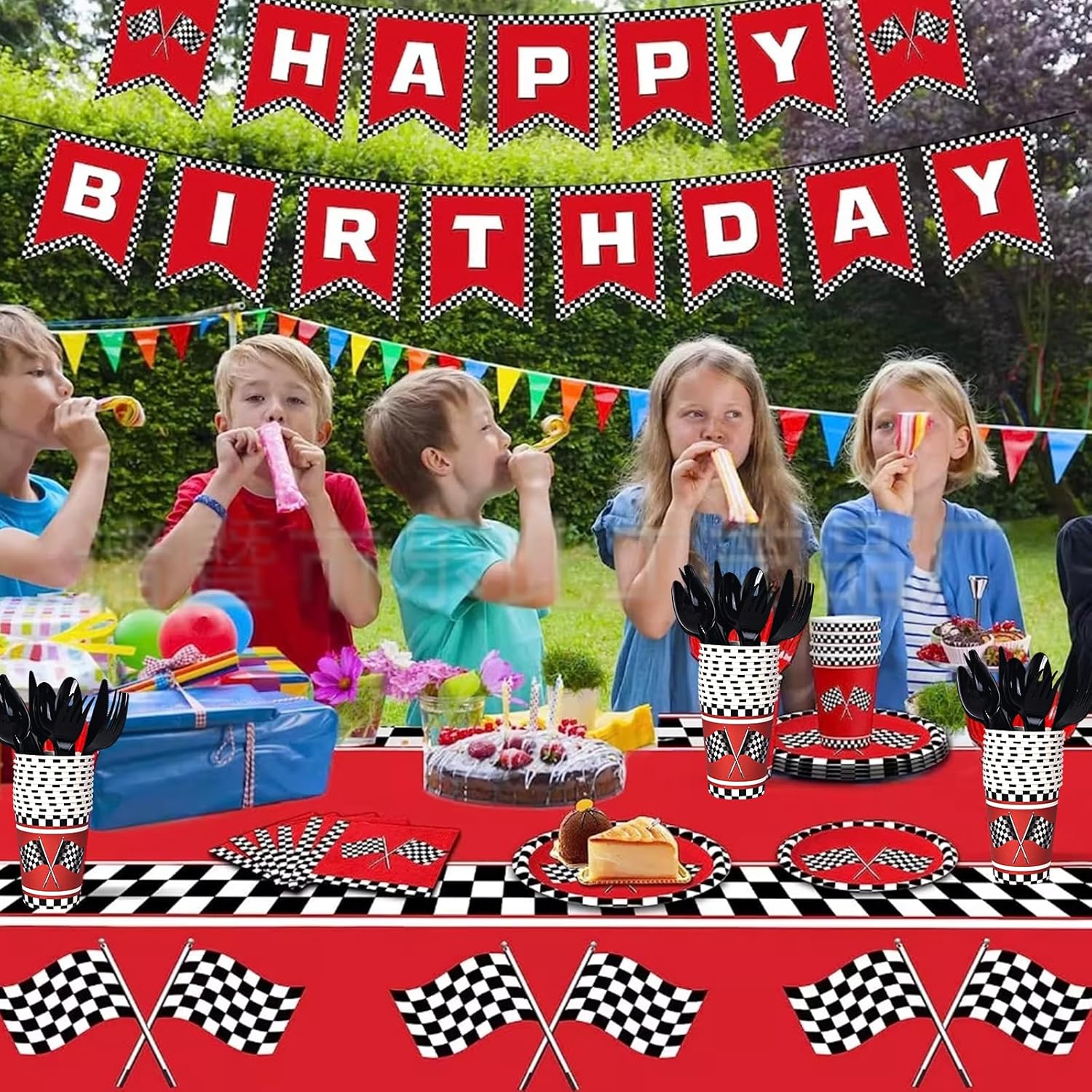 Racing Birthday Party Supplies for Kids Red Black Checkered Tableware Set