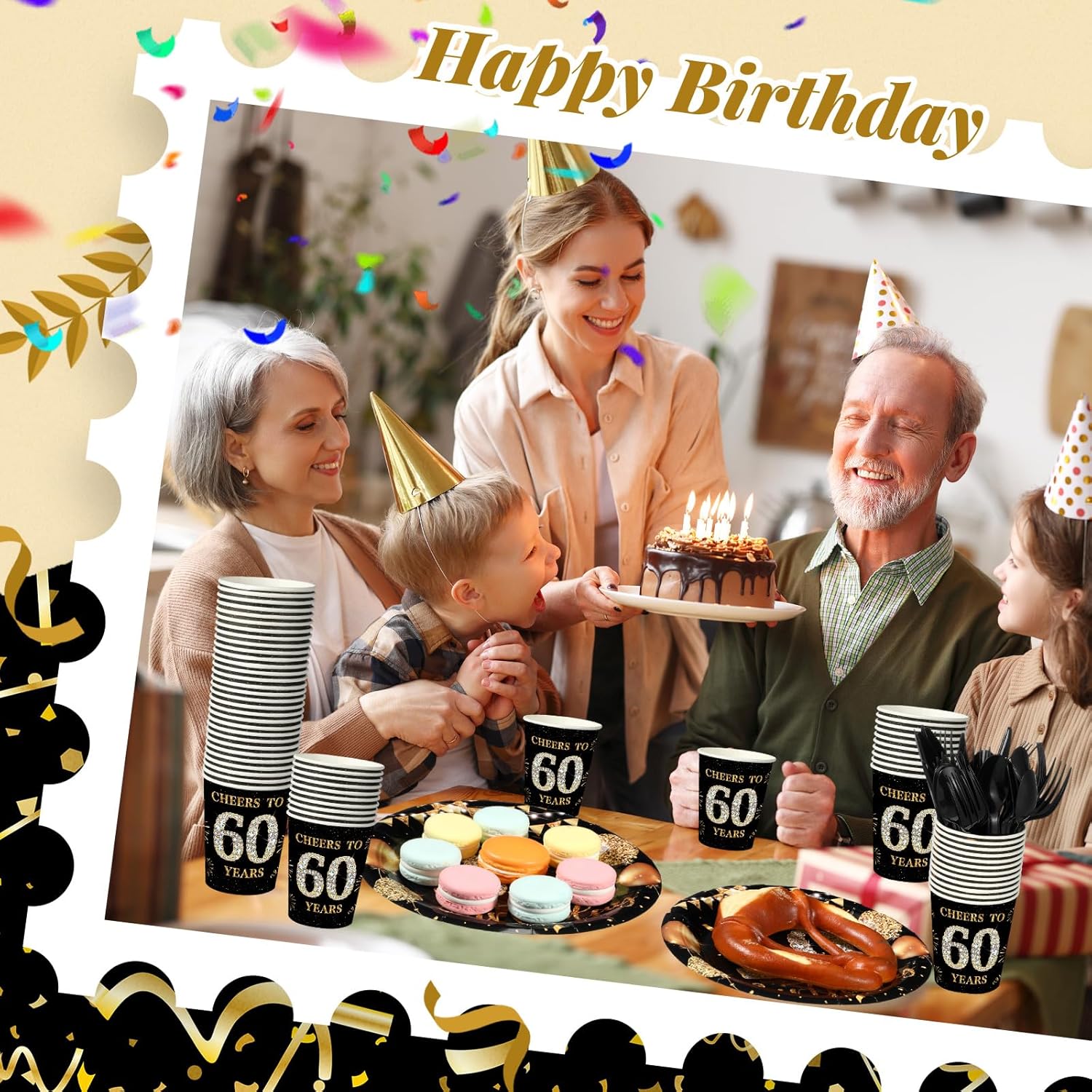 240 Pcs 60th Birthday Party Tableware Set Black Gold