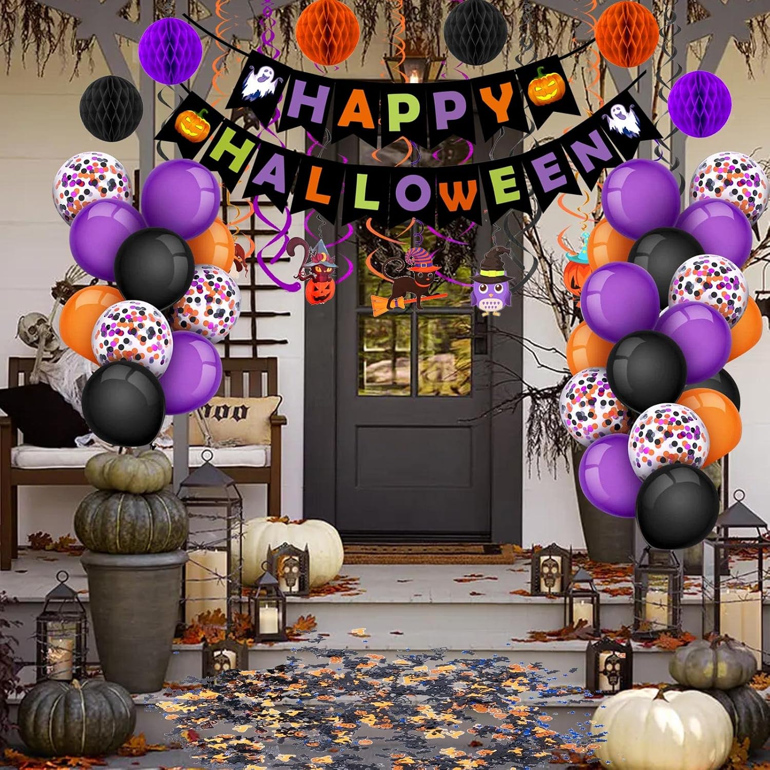 FECEDY Halloween Decorations Banner Paper Honeycomb Balls Swirl Streamers Balloons