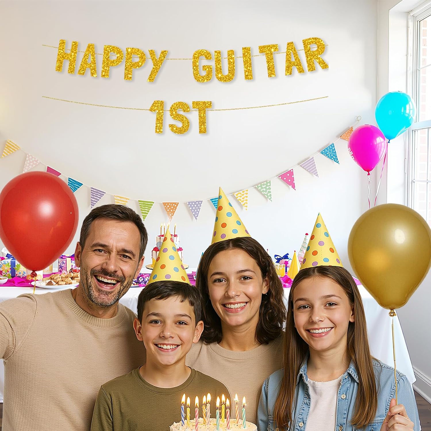Meowoo Sparkling Guitar Birthday Banner - Glitter Gold 77 Inch Letters