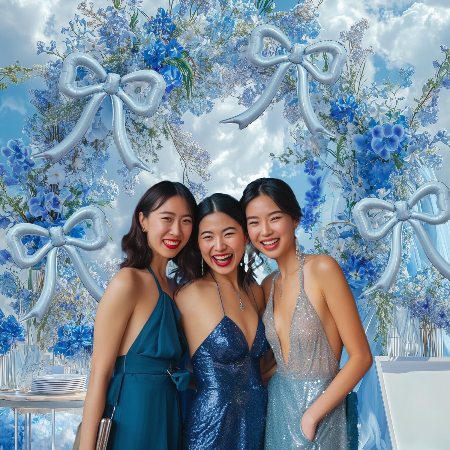 4pcs Dusty Blue Bow Foil Balloons Set