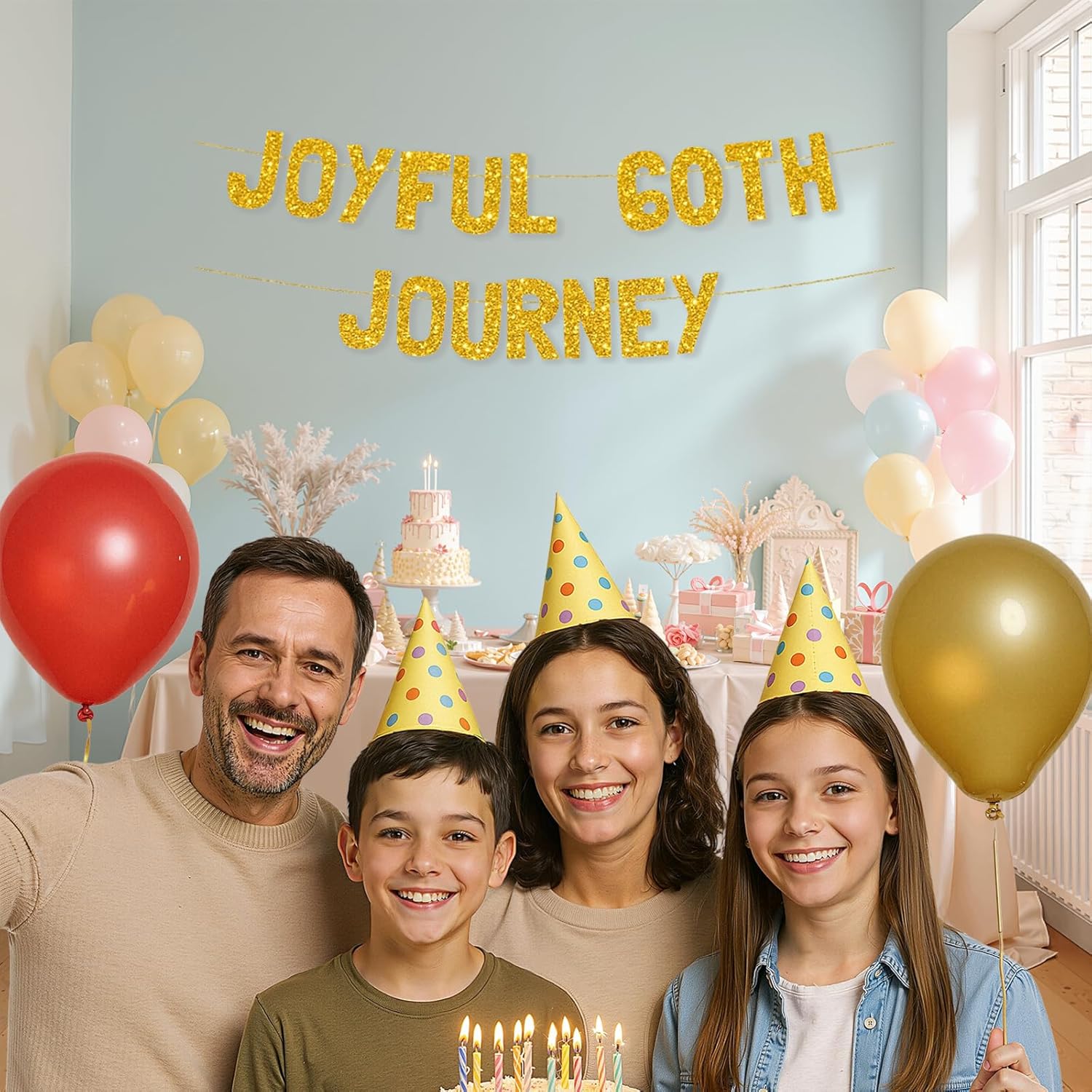 Meowoo Joyful 60th Journey Banner with Gold Glitter