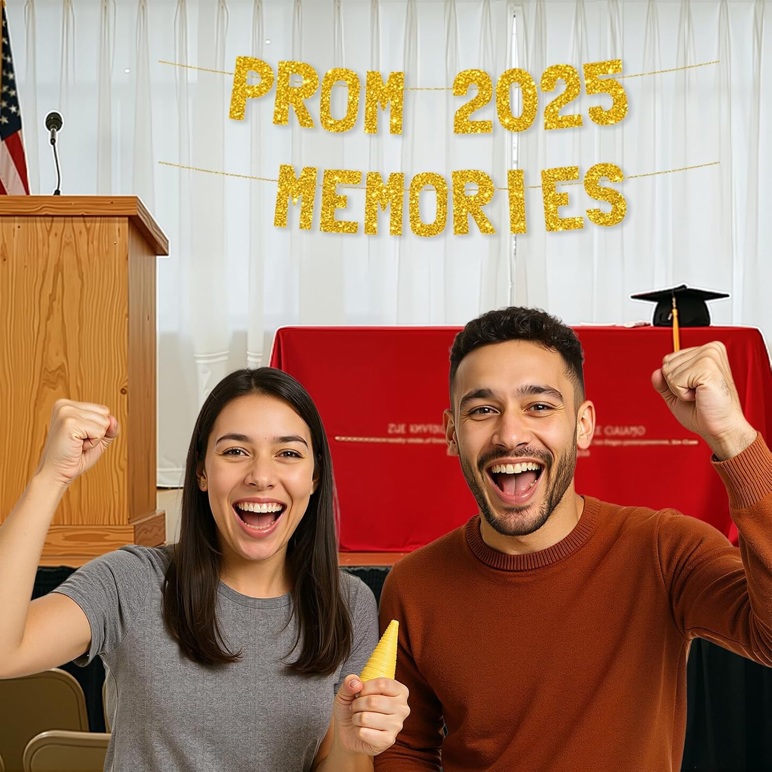 Meowoo Prom 2025 Memories Banner - 77 Inch Glitter Gold Letters