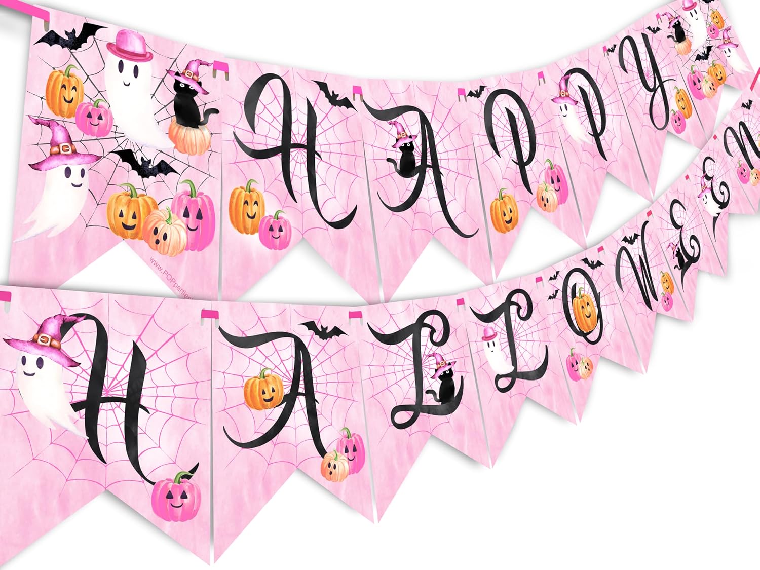 Pink Halloween Banner with 15 Flags and 12ft Ribbon