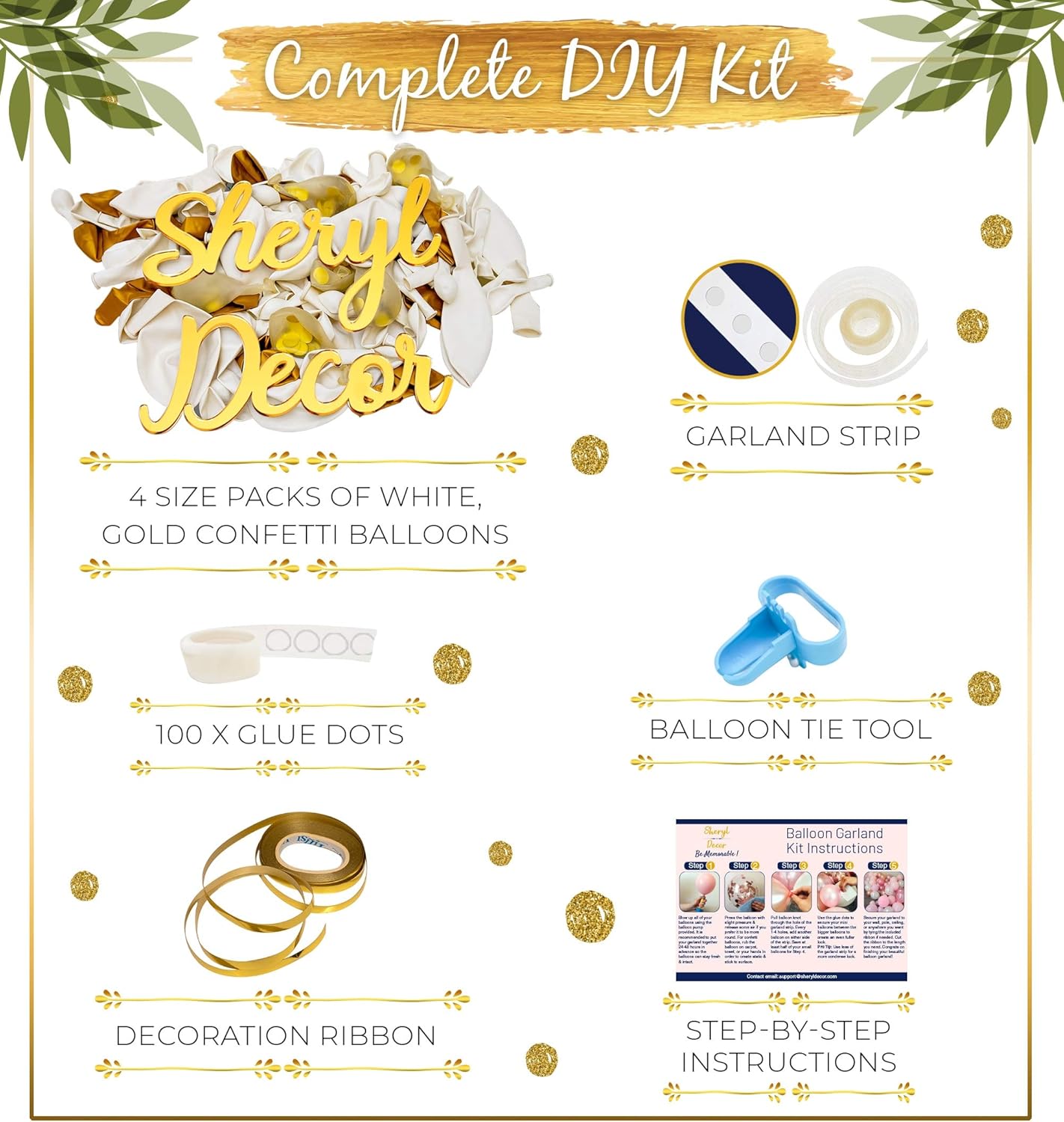 ALL-IN-ONE White and Gold Balloons Garland Arch Kit