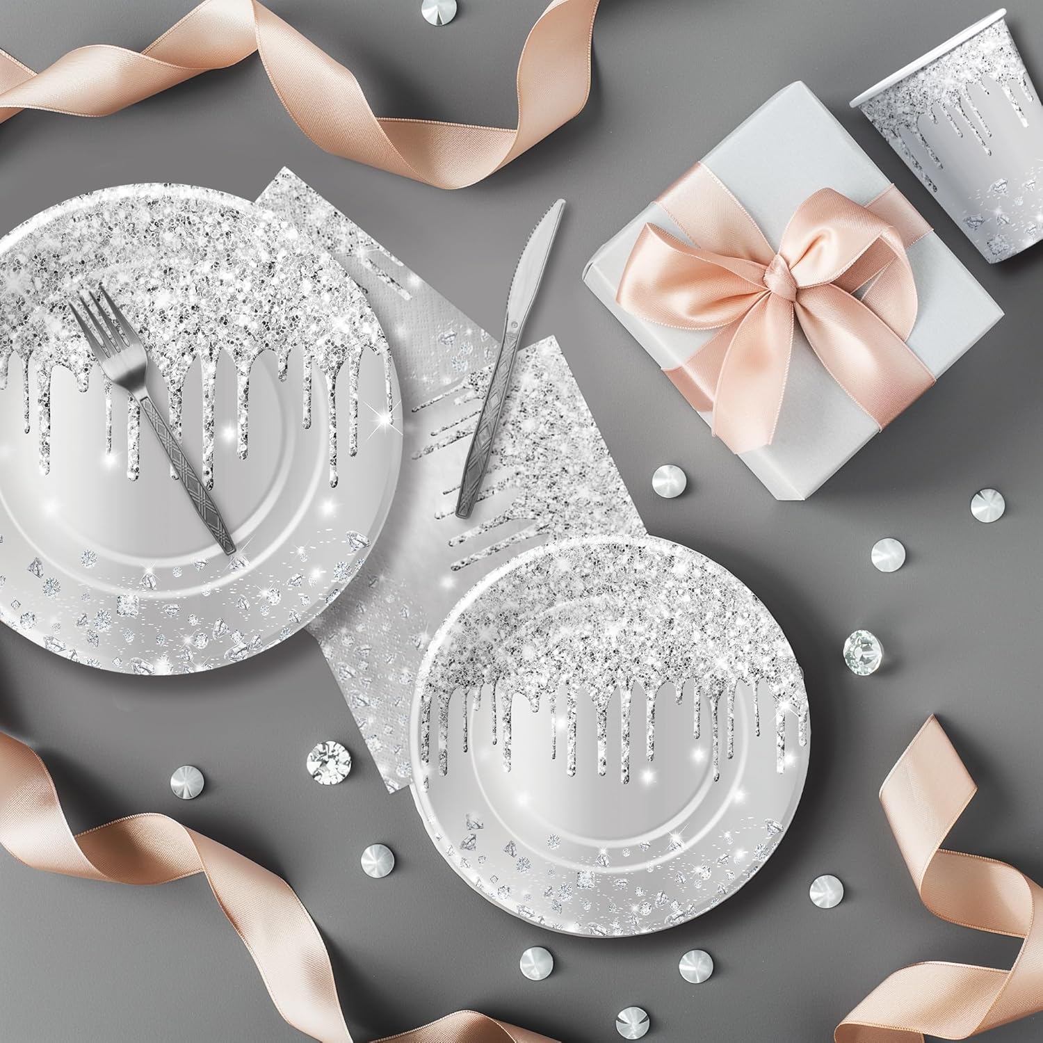 Silver Glitter Party Tableware Set for 24 Guests