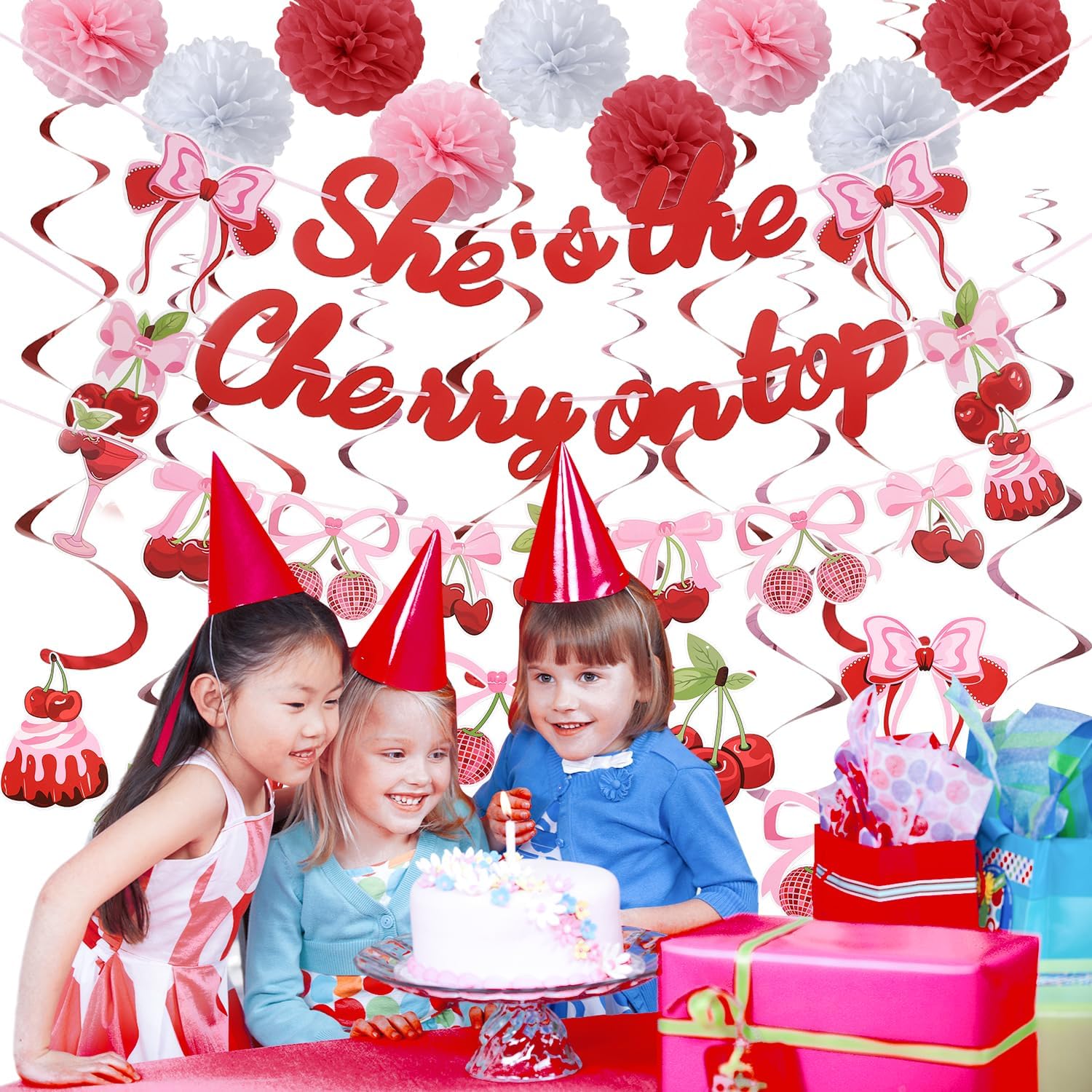 Cherry Birthday Decorations 9 Pom Poms 10 Swirls
