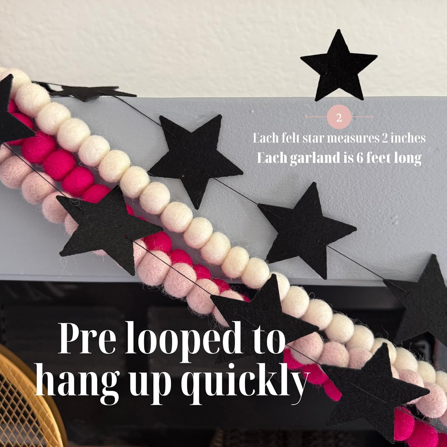 Black Felt Star Garland 2 Banners 12 Feet Prestrung