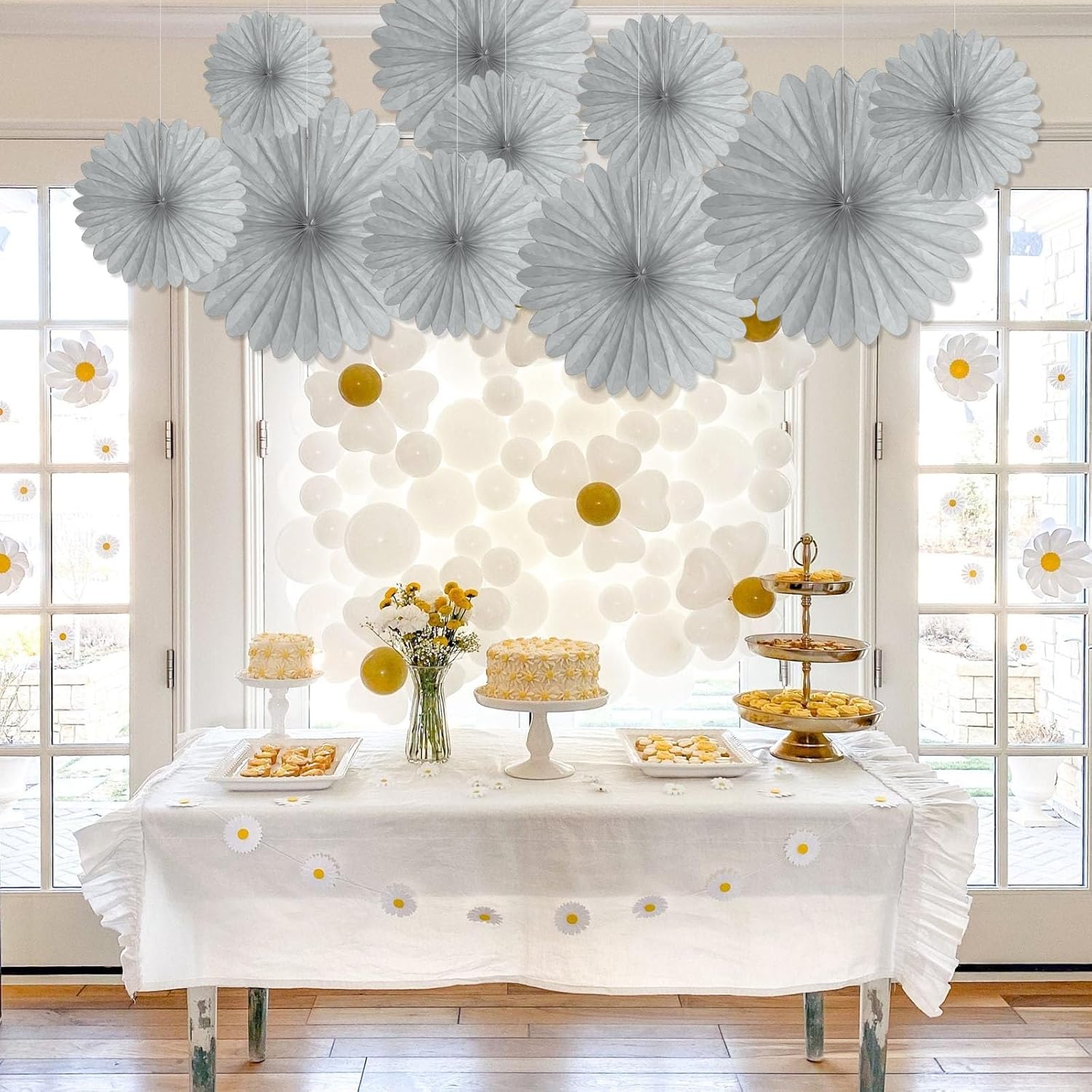 20 Pcs Silver Grey Hanging Paper Fans for Events