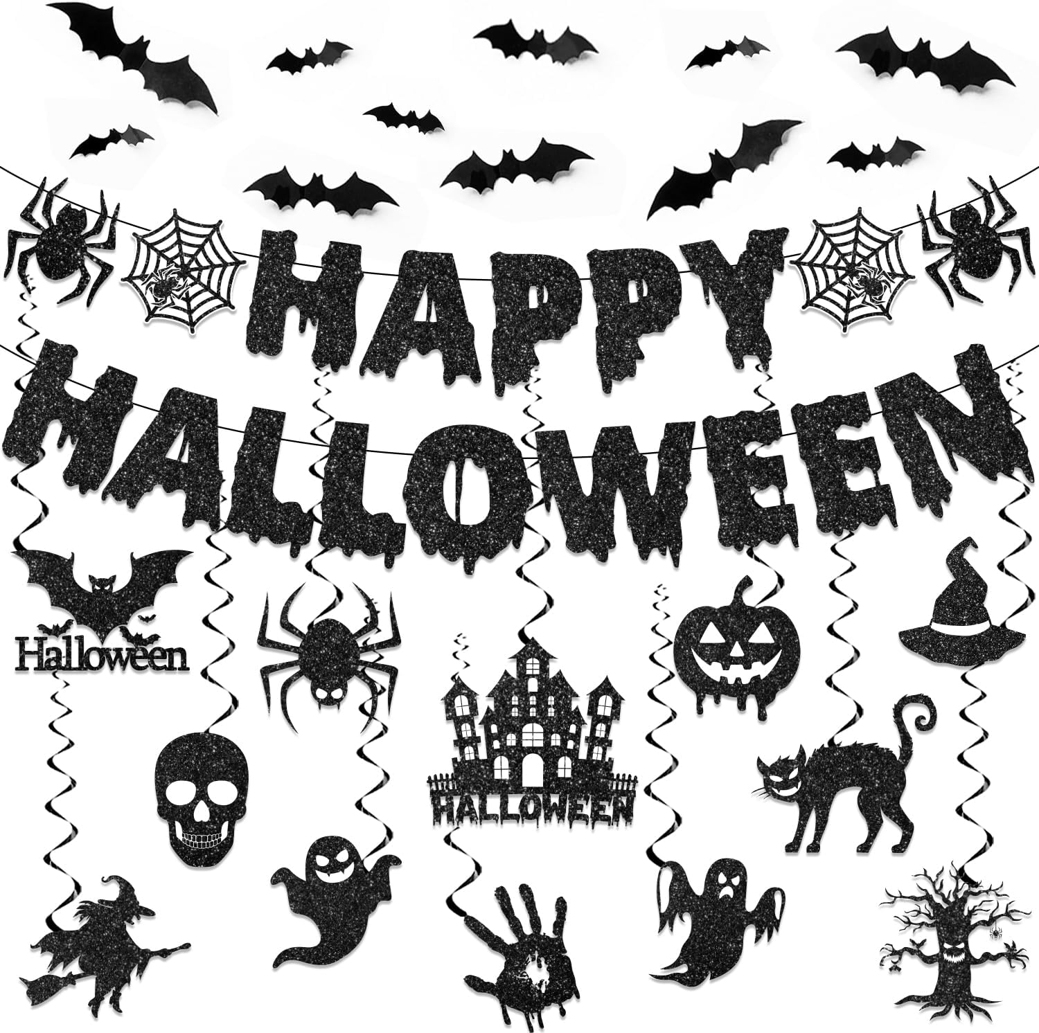 Halloween Hanging Decorations Set with Glitter Banners and Spooky Cutouts