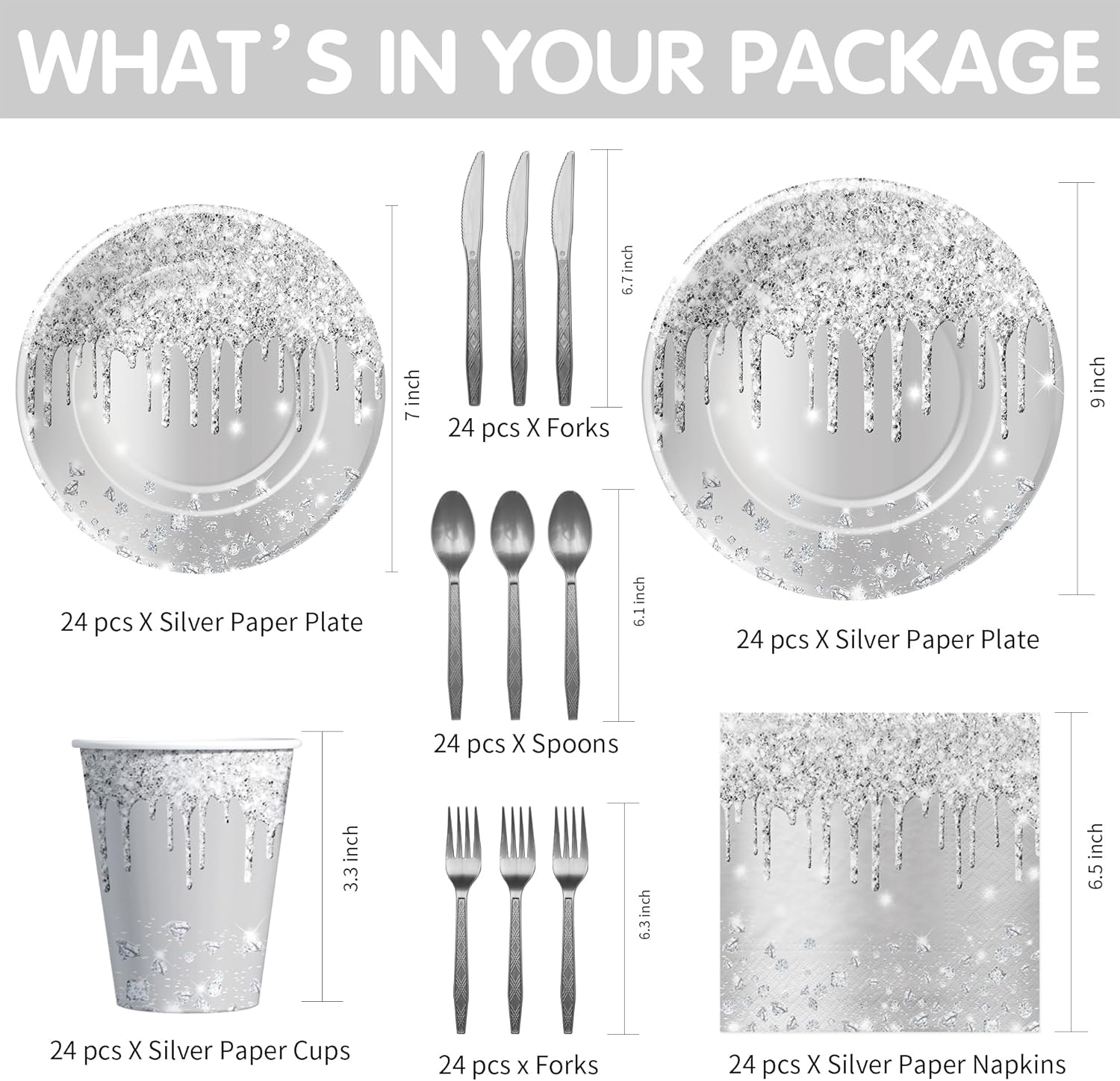 Silver Glitter Party Tableware Set for 24 Guests