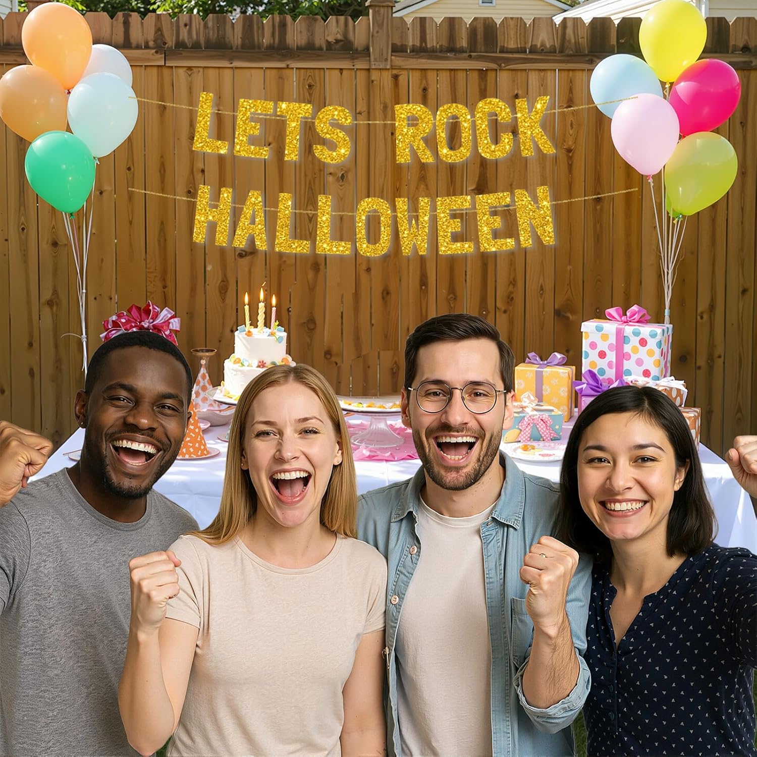 Meowoo Lets Rock Halloween Banner 77 Inch Luxe Gold