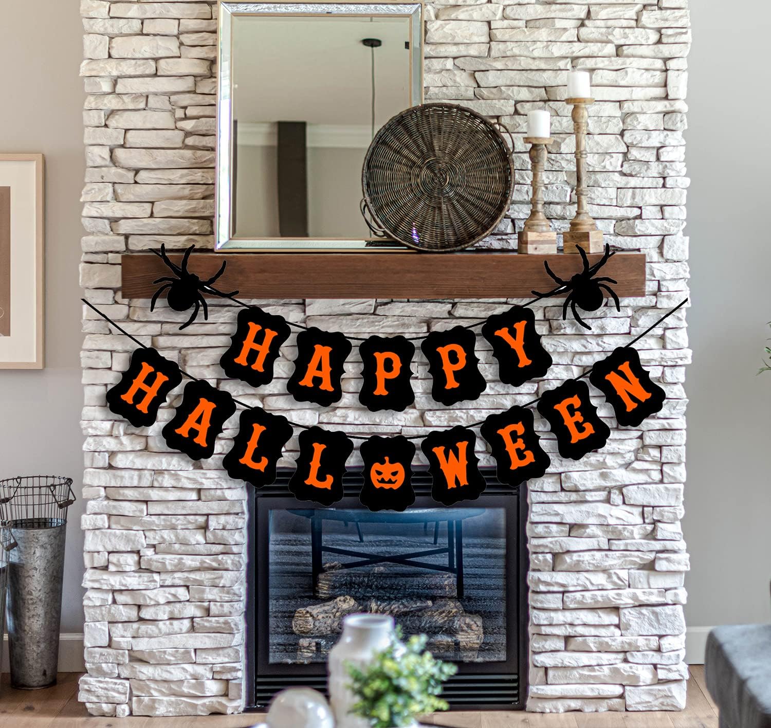 JOZON Happy Halloween Banner with Spider Pumpkin Sign