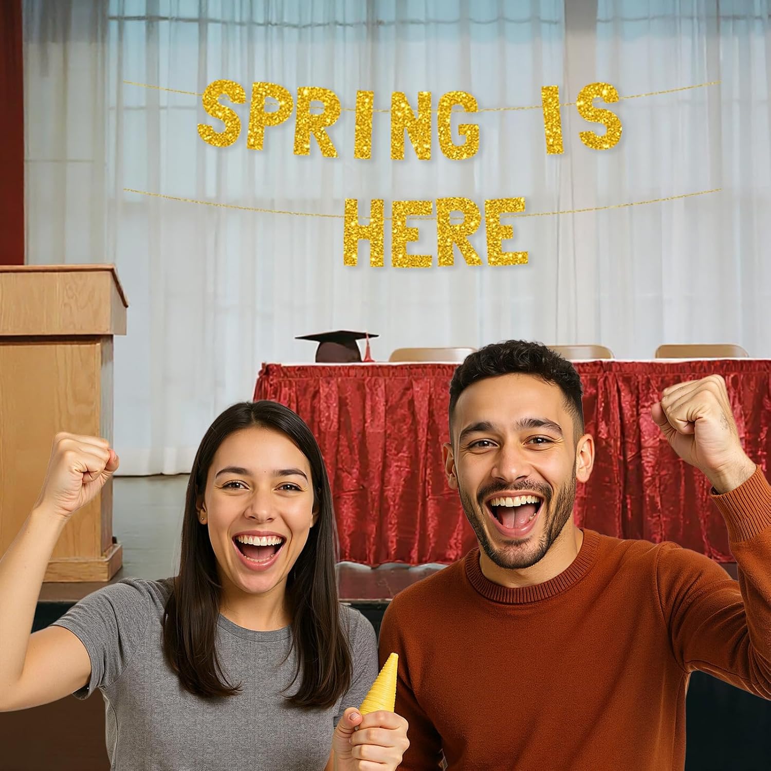 Meowoo Spring Banner with Glittery Gold Letters