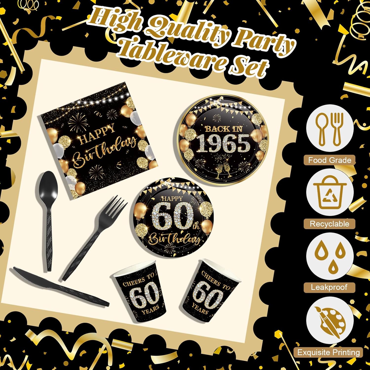 240 Pcs 60th Birthday Party Tableware Set Black Gold