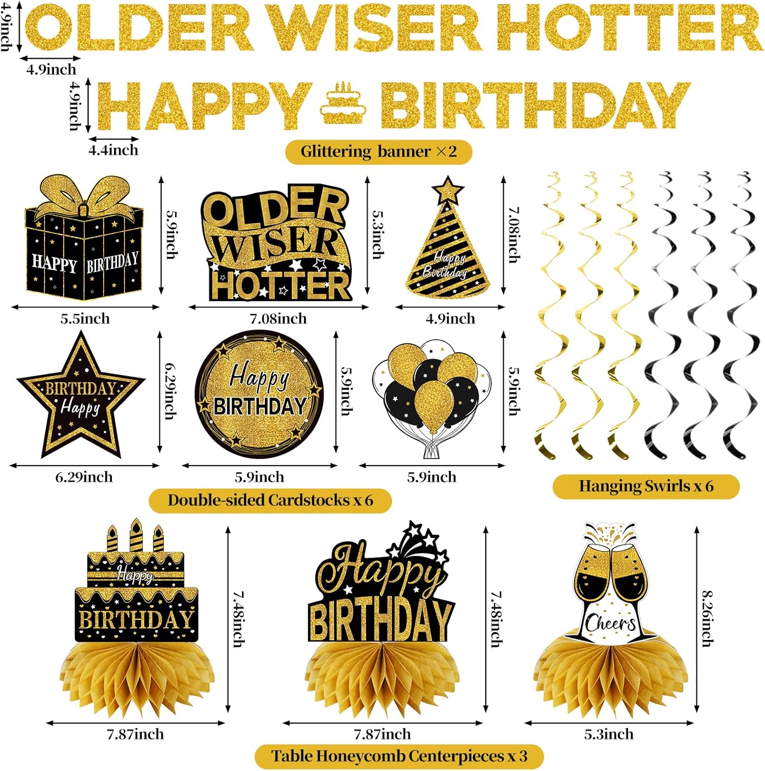 11Pcs Happy Birthday Decor Kit Black Gold