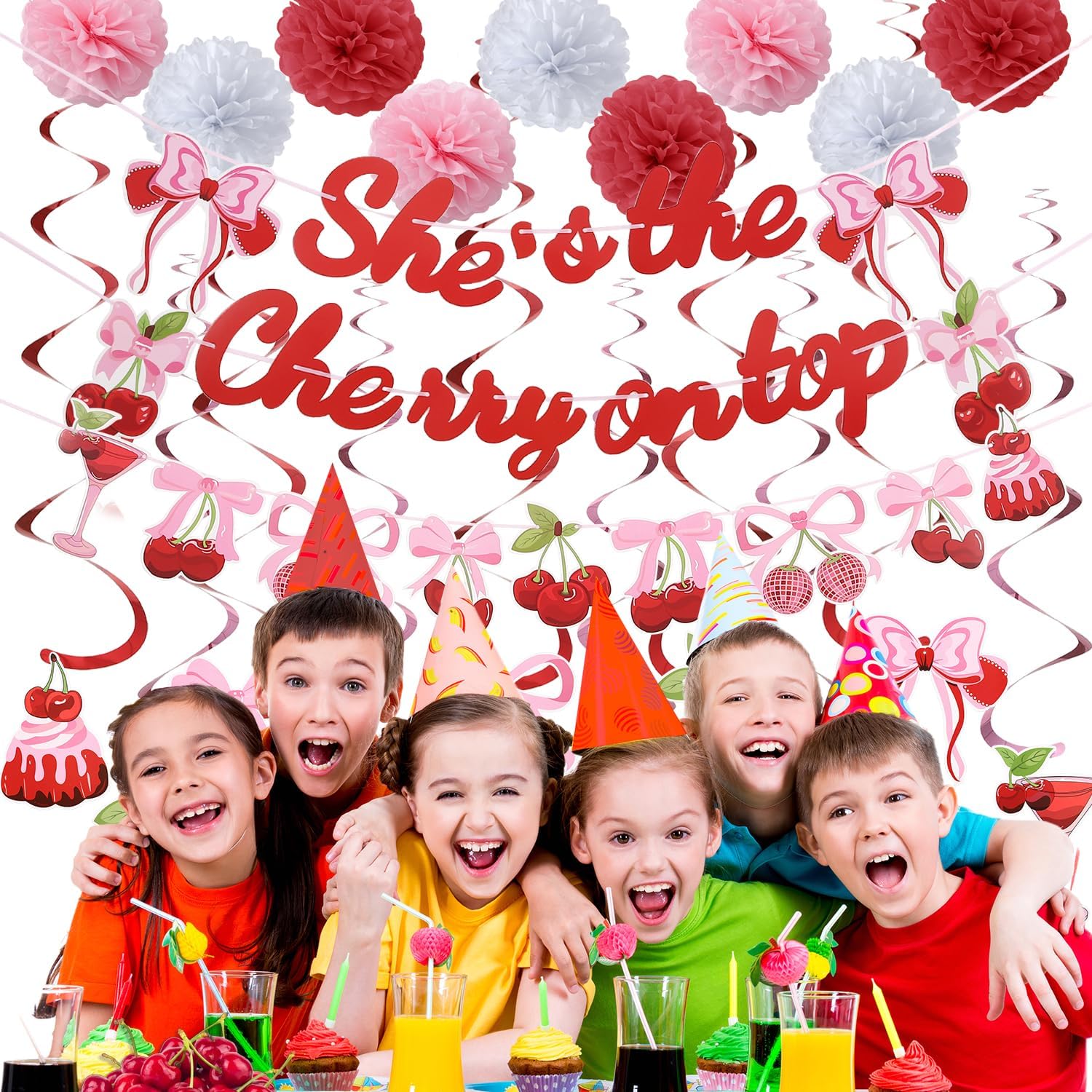 Cherry Birthday Decorations 9 Pom Poms 10 Swirls