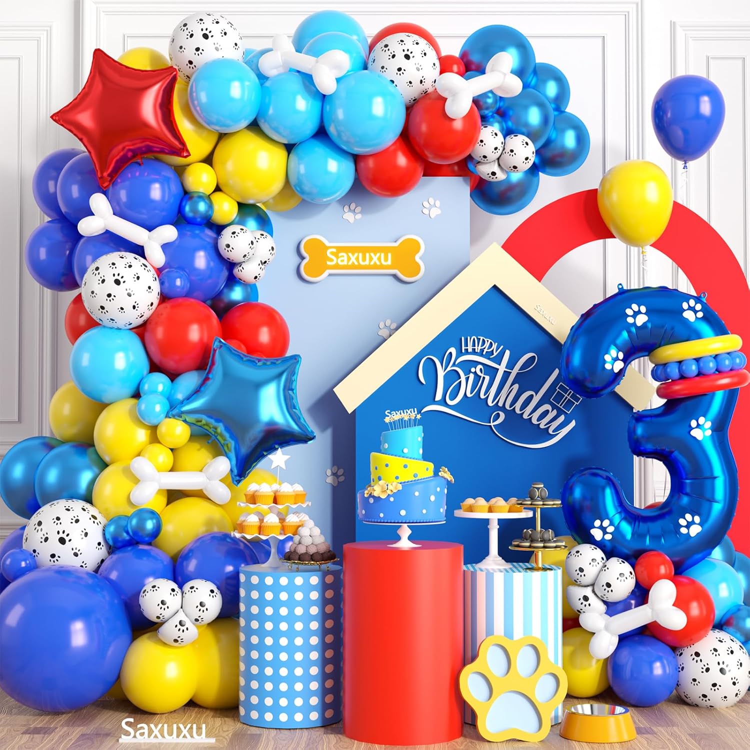 Dog Paw 3rd Birthday Balloon Arch Kit 40 Inch