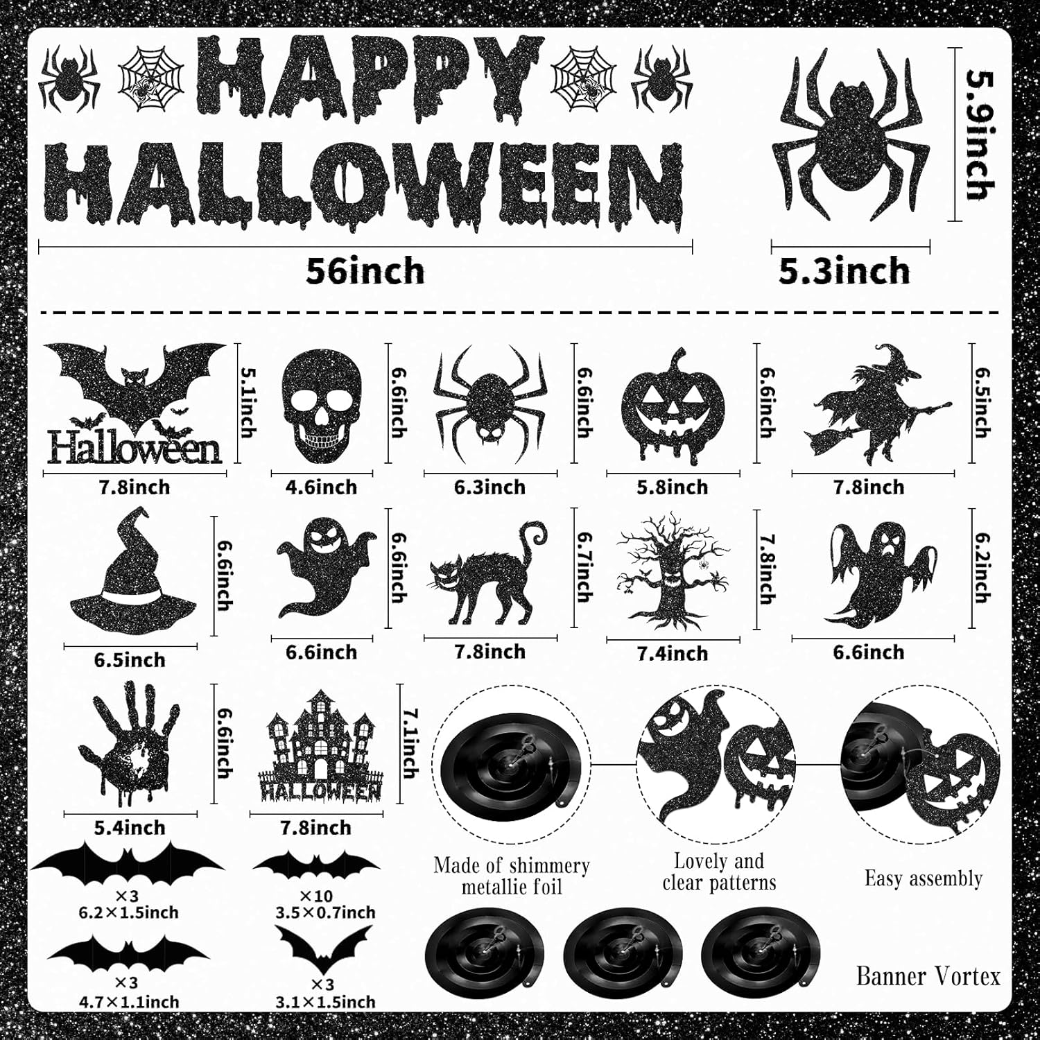Halloween Hanging Decorations Set with Glitter Banners and Spooky Cutouts