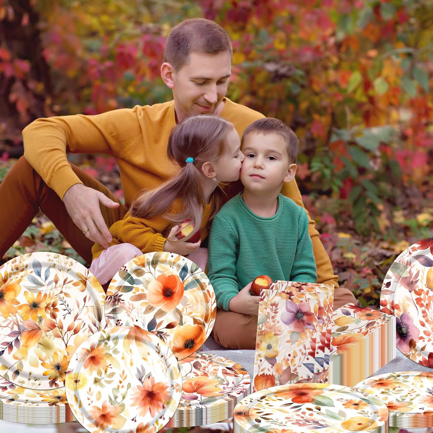Fall Floral Plates and Napkins Set 60Pcs