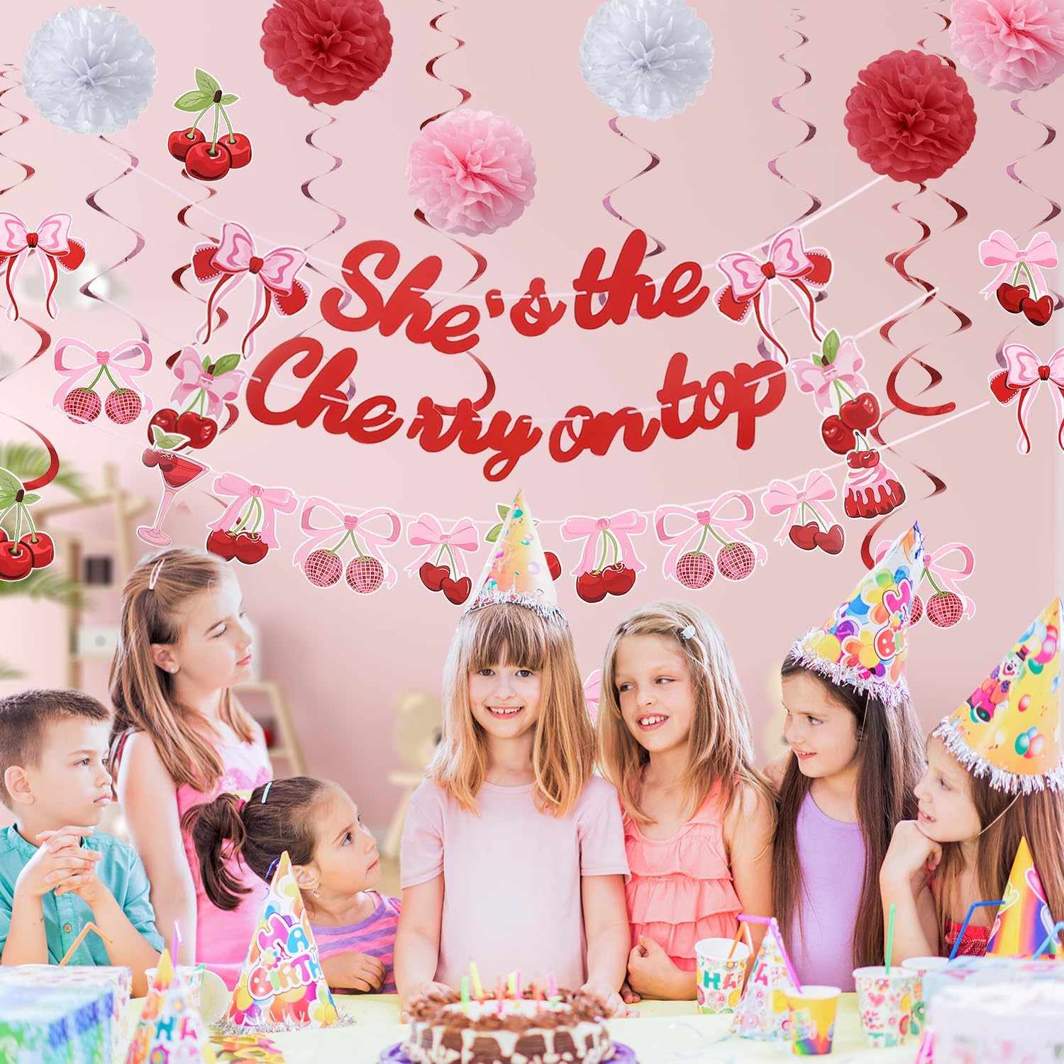 Cherry Birthday Decorations 9 Pom Poms 10 Swirls