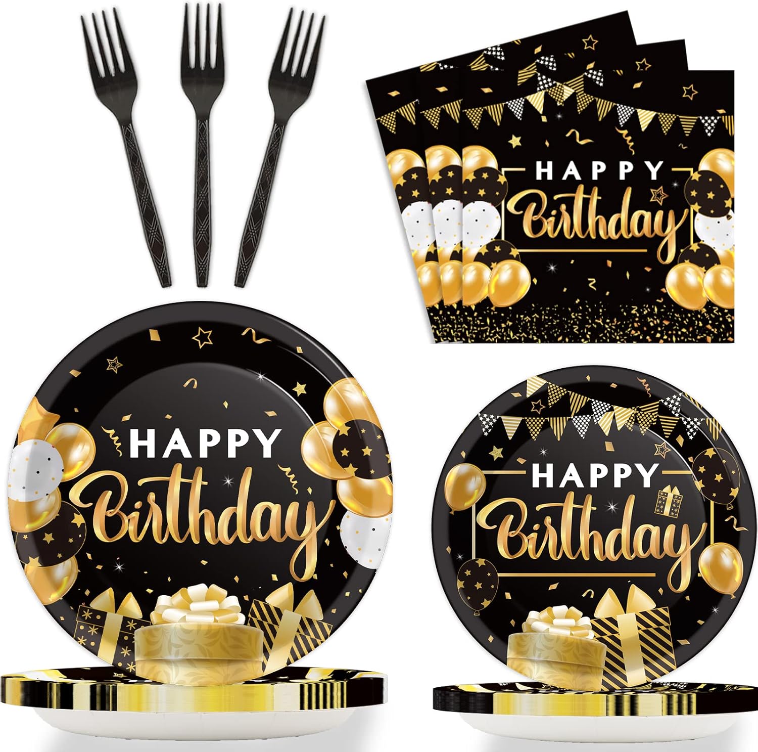96 Pcs Black Gold Birthday Party Tableware Set for 24 Guests