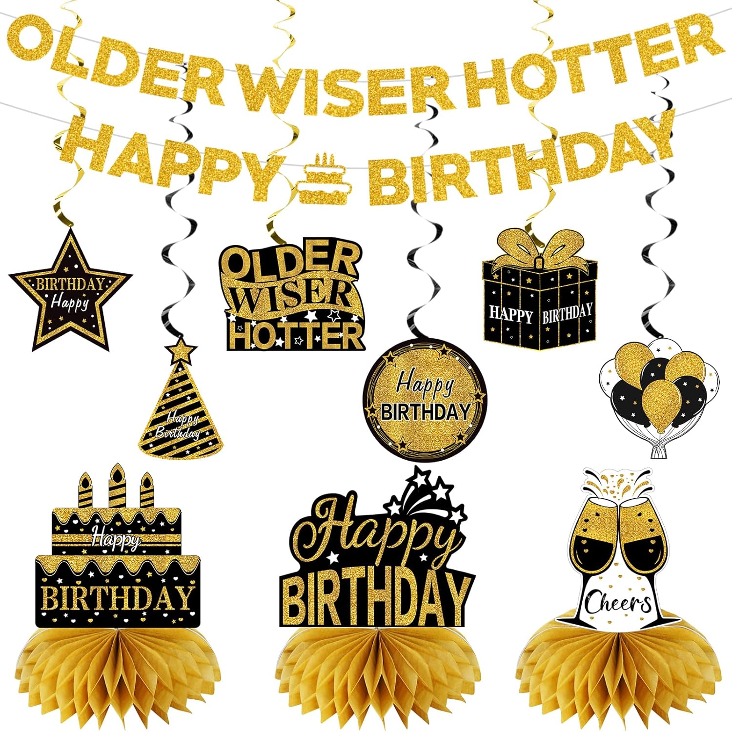 11Pcs Happy Birthday Decor Kit Black Gold
