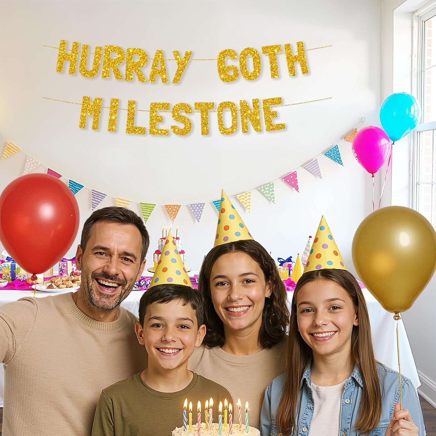Meowoo Hurray 60th Birthday Banner with Gold Glitter