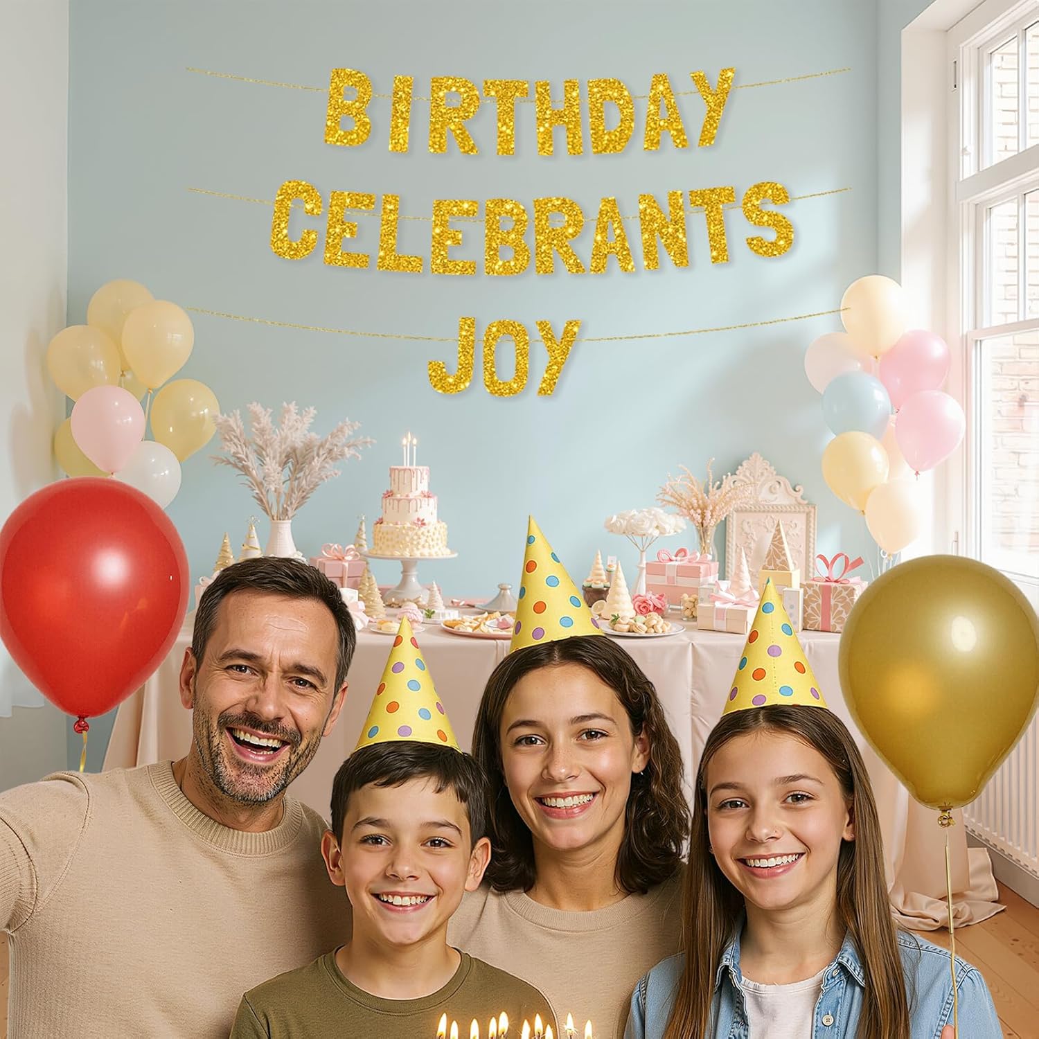Meowoo Birthday Joy Banner with Glitter Gold Letters